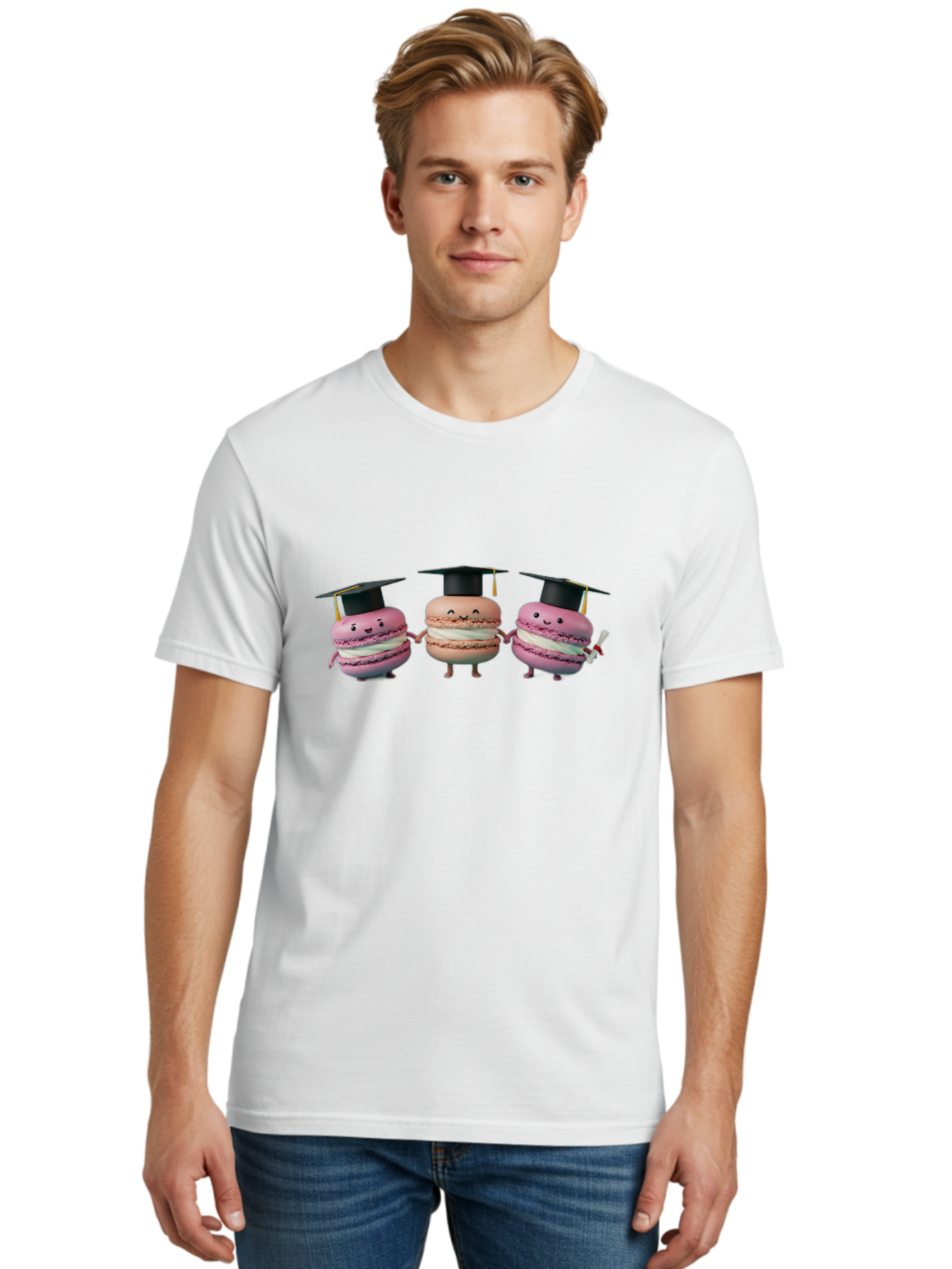 Macarons-In-Graduation-Caps Men'S Graphic Tee, 100% Cotton, Comfortable Casual Summer Wear, Machine Washable, Macarons In Graduation Caps, Cartoon Characters, Holding Hands, Smiling Faces, Diploma In Hand, Celebratory Mood, Pink Macarons, Baa957