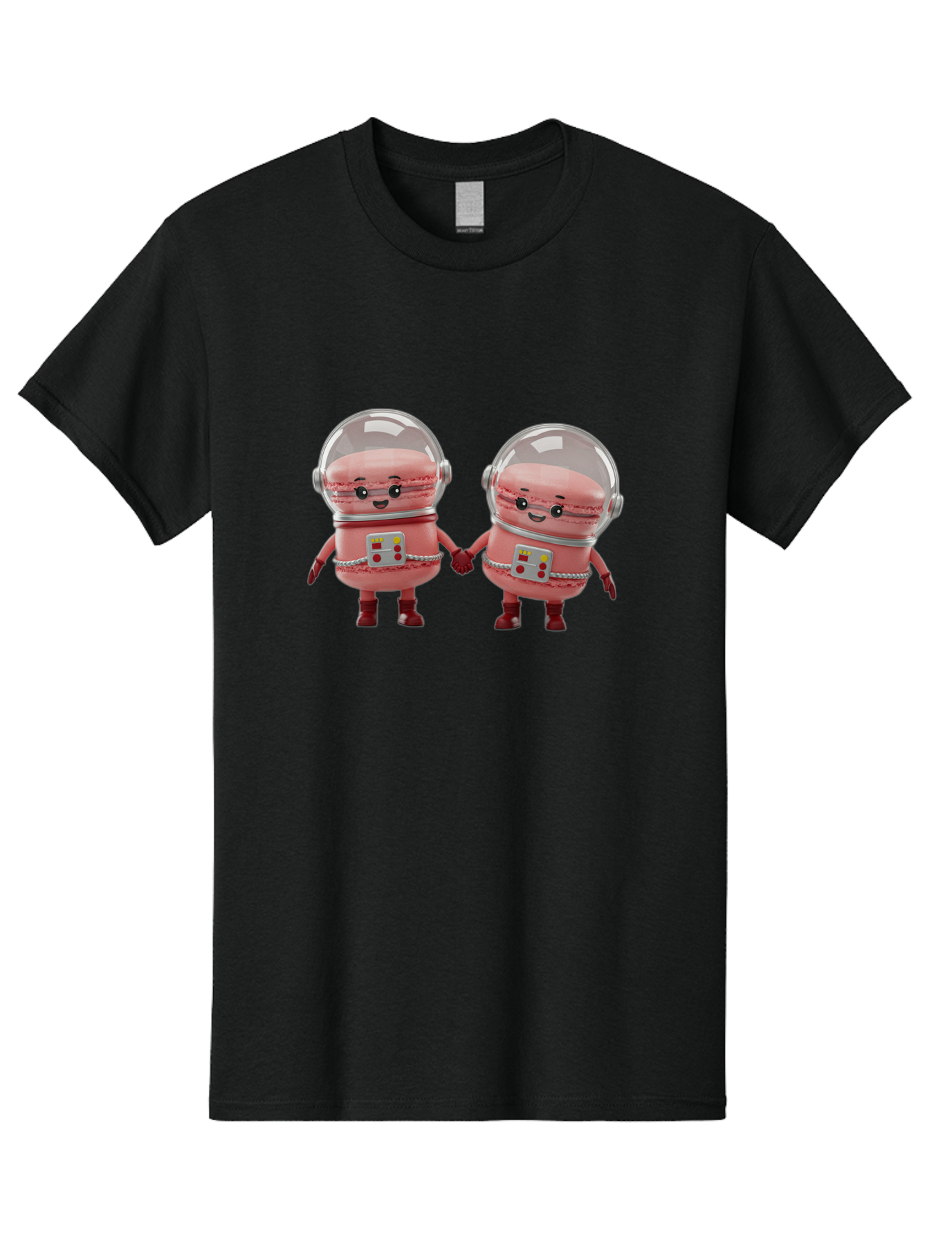 Macarons-In-Space-Helmets Men'S Graphic Tee, 100% Cotton, Comfortable Casual Summer Wear, Machine Washable, Cartoon Macarons, Space Helmets, Anthropomorphic Desserts, Pink Macarons, Space Suits, Holding Hands, Cute Robots, Sweet Treats, Baa958