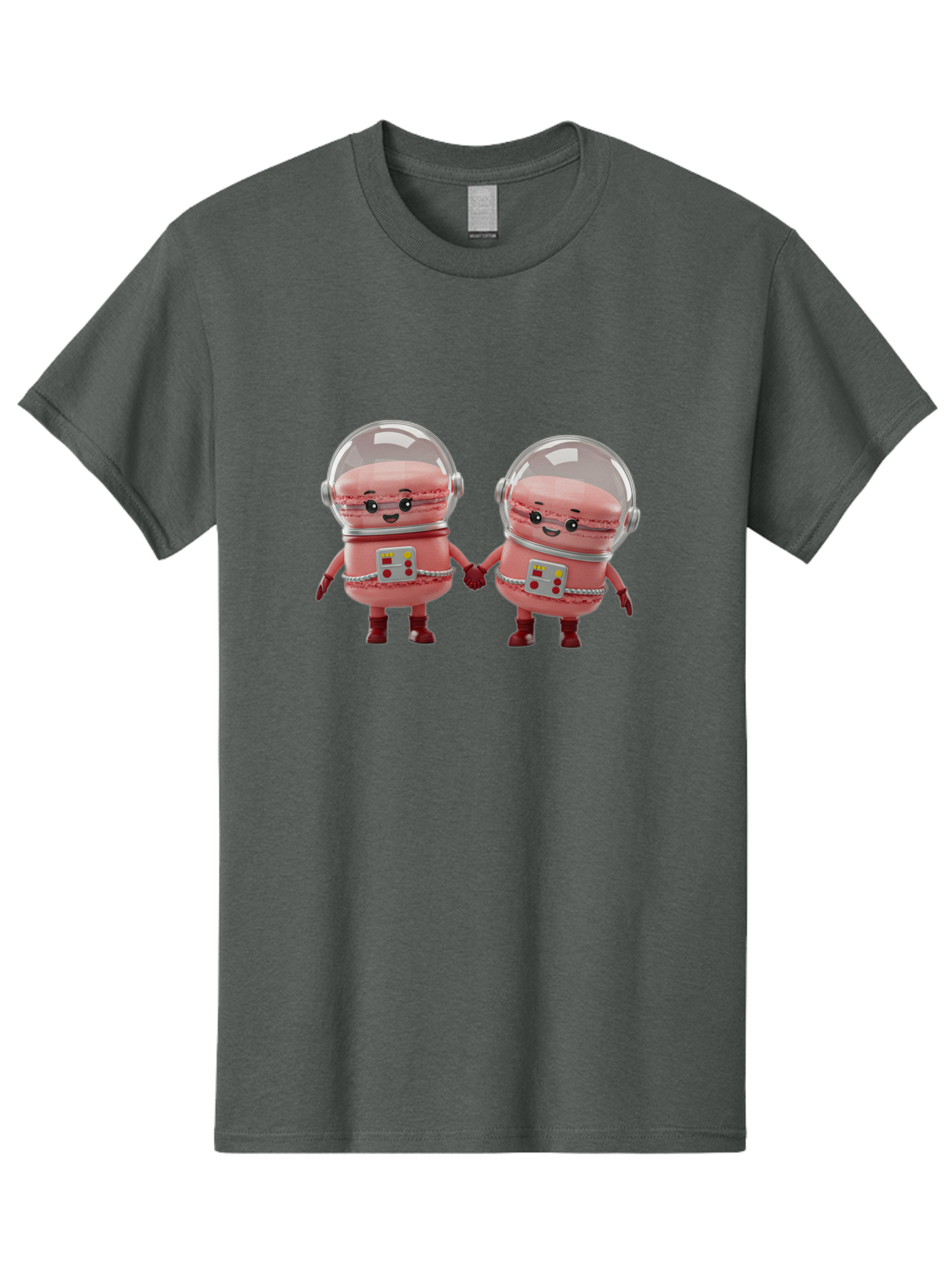 Macarons-In-Space-Helmets Men'S Graphic Tee, 100% Cotton, Comfortable Casual Summer Wear, Machine Washable, Cartoon Macarons, Space Helmets, Anthropomorphic Desserts, Pink Macarons, Space Suits, Holding Hands, Cute Robots, Sweet Treats, Baa958