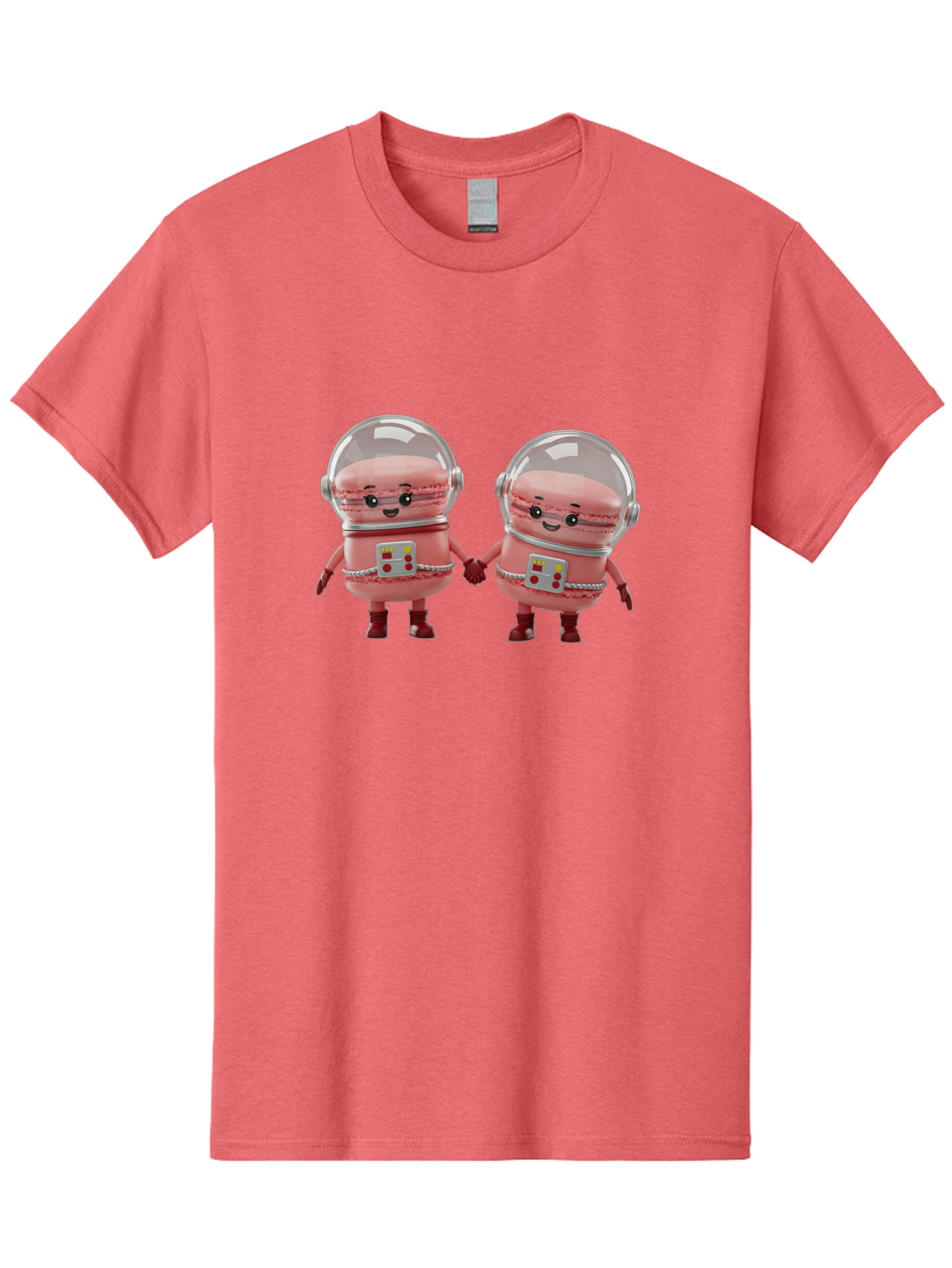 Macarons-In-Space-Helmets Men'S Graphic Tee, 100% Cotton, Comfortable Casual Summer Wear, Machine Washable, Cartoon Macarons, Space Helmets, Anthropomorphic Desserts, Pink Macarons, Space Suits, Holding Hands, Cute Robots, Sweet Treats, Baa958