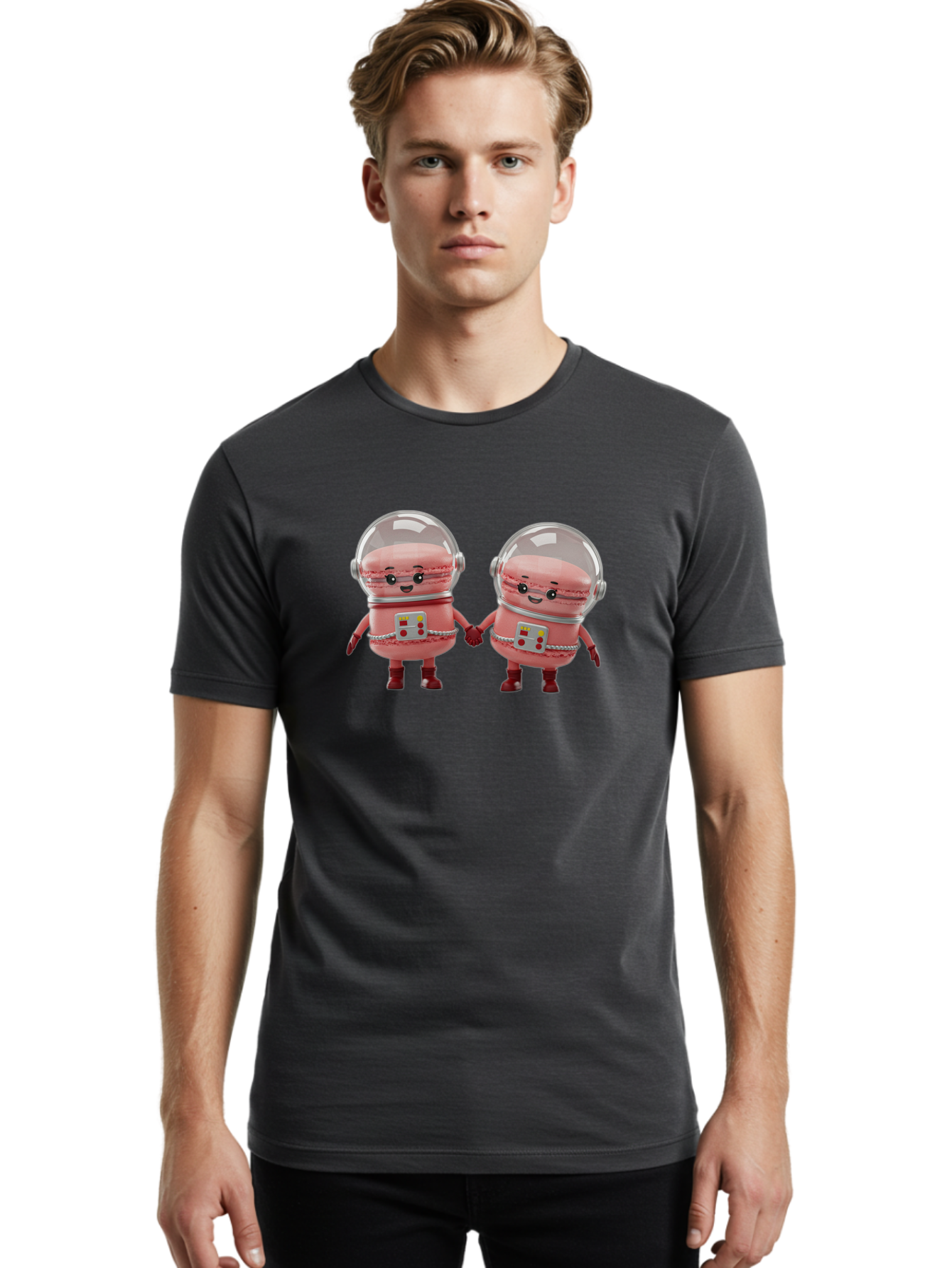 Macarons-In-Space-Helmets Men'S Graphic Tee, 100% Cotton, Comfortable Casual Summer Wear, Machine Washable, Cartoon Macarons, Space Helmets, Anthropomorphic Desserts, Pink Macarons, Space Suits, Holding Hands, Cute Robots, Sweet Treats, Baa958