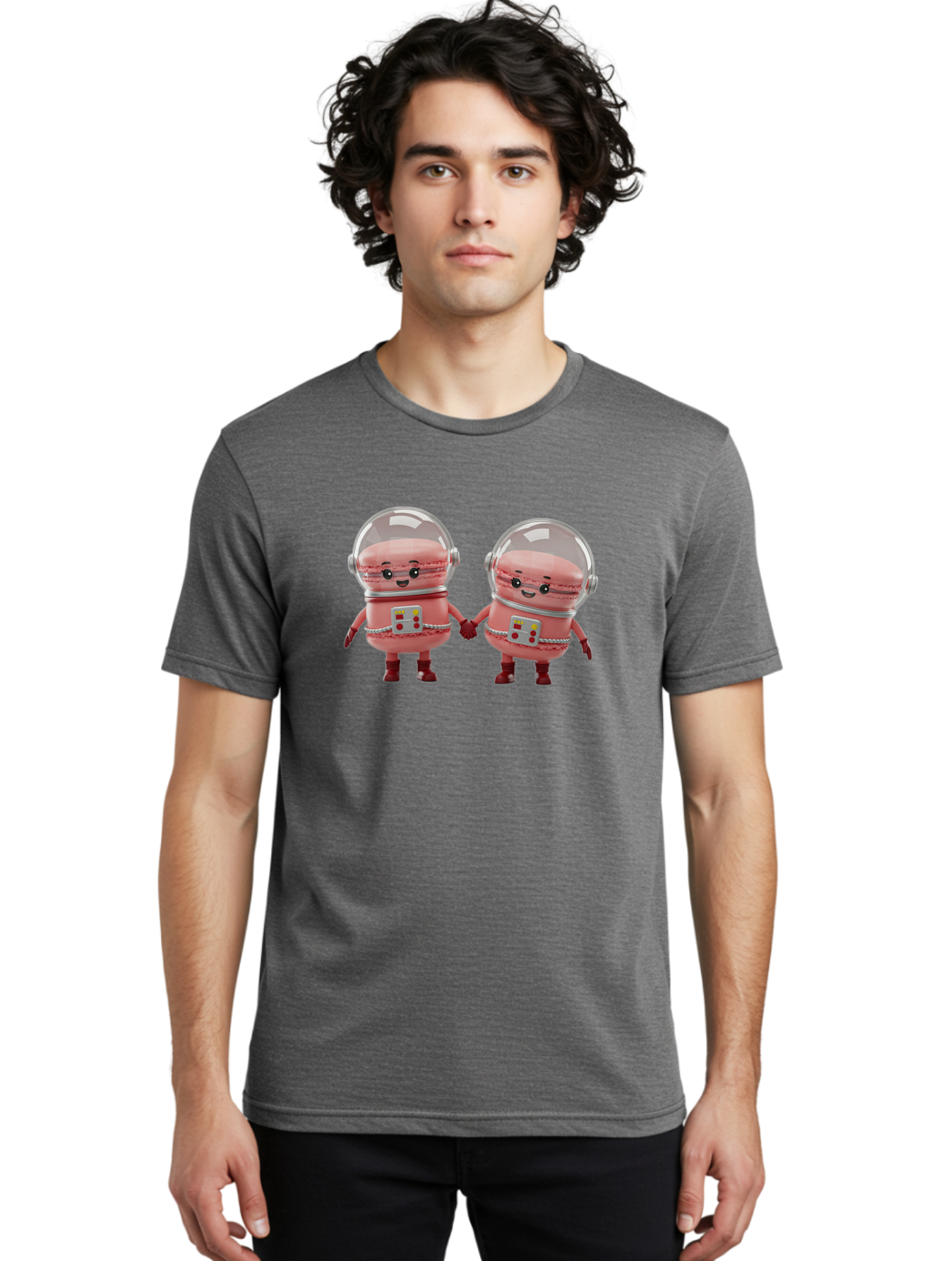 Macarons-In-Space-Helmets Men'S Graphic Tee, 100% Cotton, Comfortable Casual Summer Wear, Machine Washable, Cartoon Macarons, Space Helmets, Anthropomorphic Desserts, Pink Macarons, Space Suits, Holding Hands, Cute Robots, Sweet Treats, Baa958