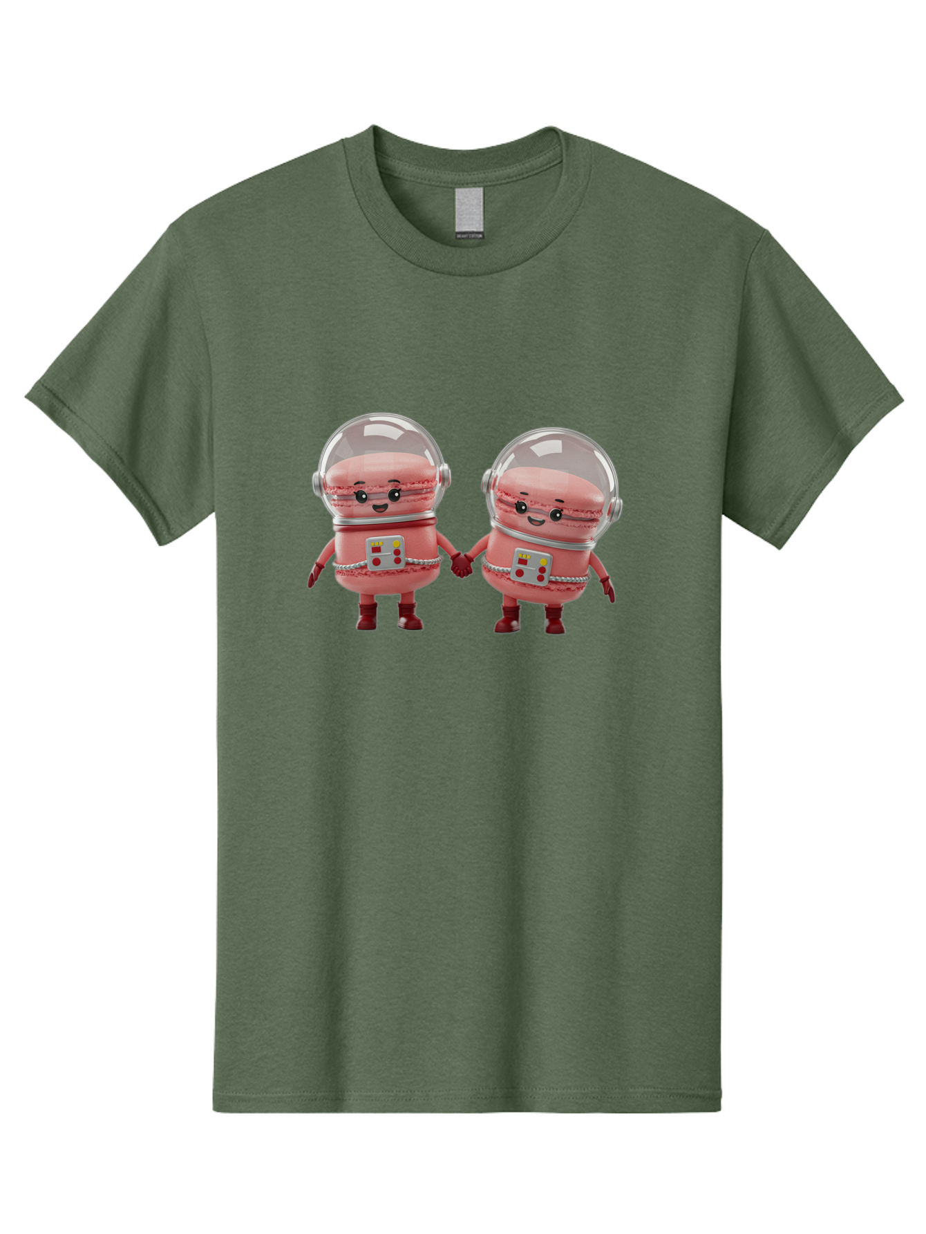 Macarons-In-Space-Helmets Men'S Graphic Tee, 100% Cotton, Comfortable Casual Summer Wear, Machine Washable, Cartoon Macarons, Space Helmets, Anthropomorphic Desserts, Pink Macarons, Space Suits, Holding Hands, Cute Robots, Sweet Treats, Baa958