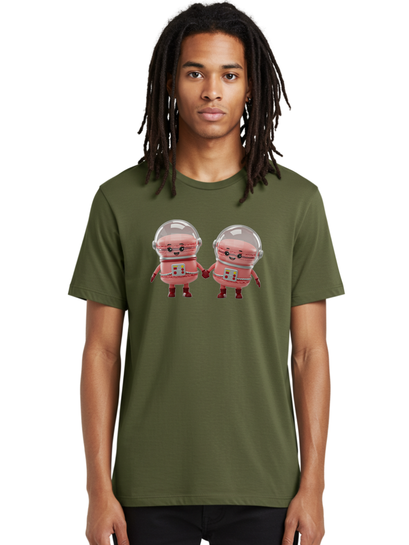 Macarons-In-Space-Helmets Men'S Graphic Tee, 100% Cotton, Comfortable Casual Summer Wear, Machine Washable, Cartoon Macarons, Space Helmets, Anthropomorphic Desserts, Pink Macarons, Space Suits, Holding Hands, Cute Robots, Sweet Treats, Baa958