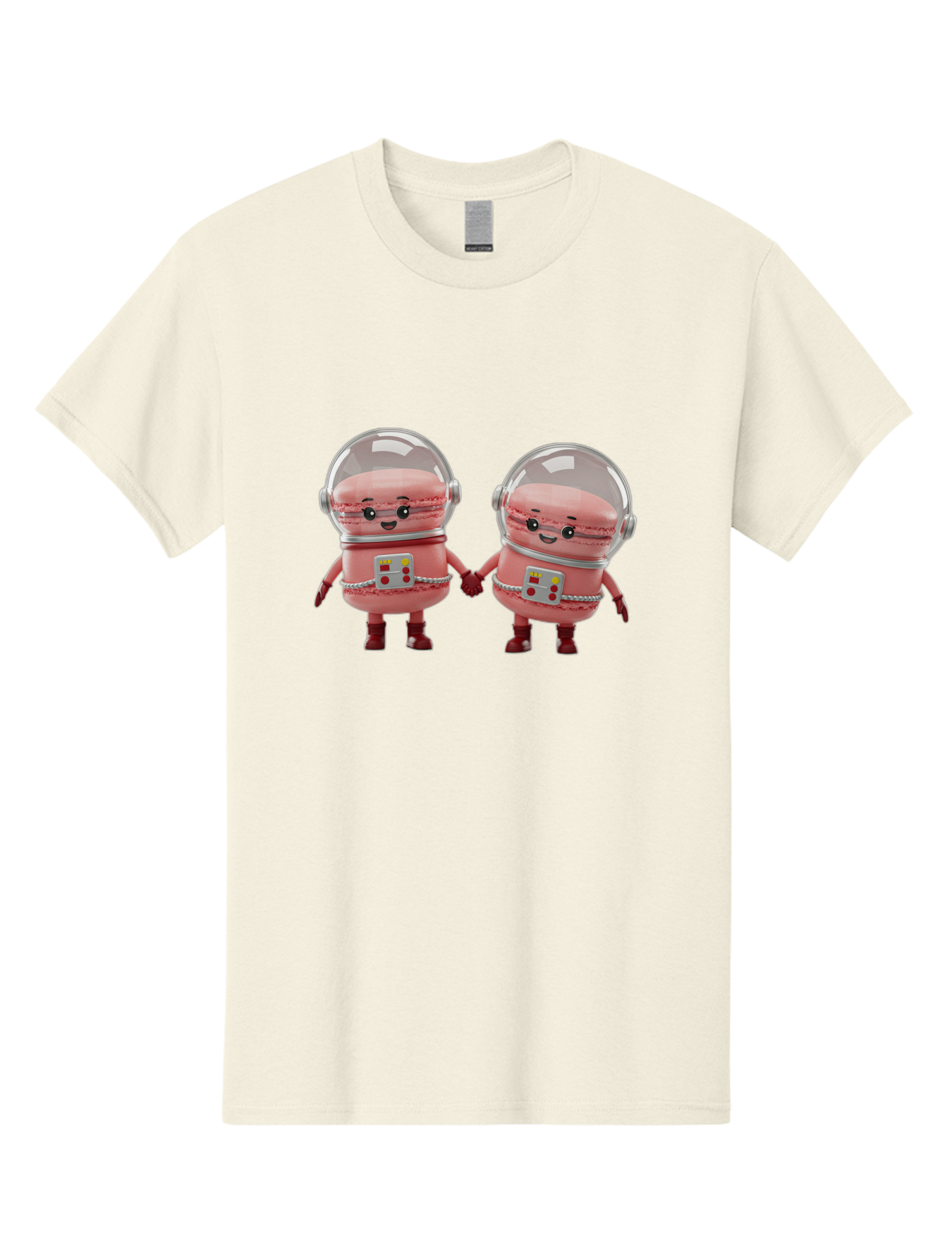 Macarons-In-Space-Helmets Men'S Graphic Tee, 100% Cotton, Comfortable Casual Summer Wear, Machine Washable, Cartoon Macarons, Space Helmets, Anthropomorphic Desserts, Pink Macarons, Space Suits, Holding Hands, Cute Robots, Sweet Treats, Baa958