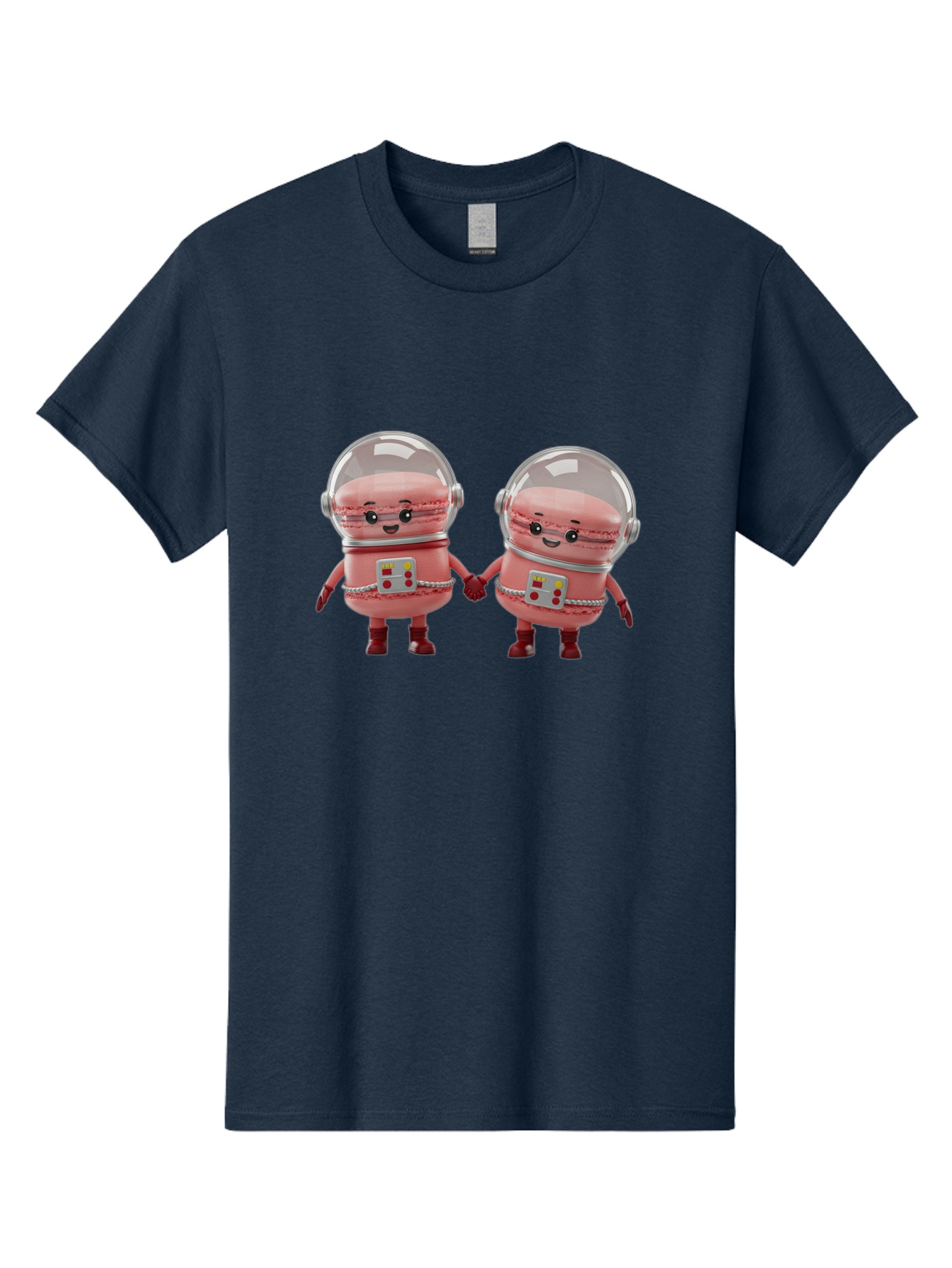 Macarons-In-Space-Helmets Men'S Graphic Tee, 100% Cotton, Comfortable Casual Summer Wear, Machine Washable, Cartoon Macarons, Space Helmets, Anthropomorphic Desserts, Pink Macarons, Space Suits, Holding Hands, Cute Robots, Sweet Treats, Baa958