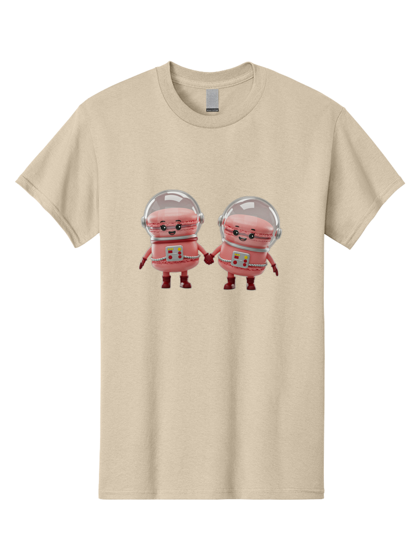 Macarons-In-Space-Helmets Men'S Graphic Tee, 100% Cotton, Comfortable Casual Summer Wear, Machine Washable, Cartoon Macarons, Space Helmets, Anthropomorphic Desserts, Pink Macarons, Space Suits, Holding Hands, Cute Robots, Sweet Treats, Baa958