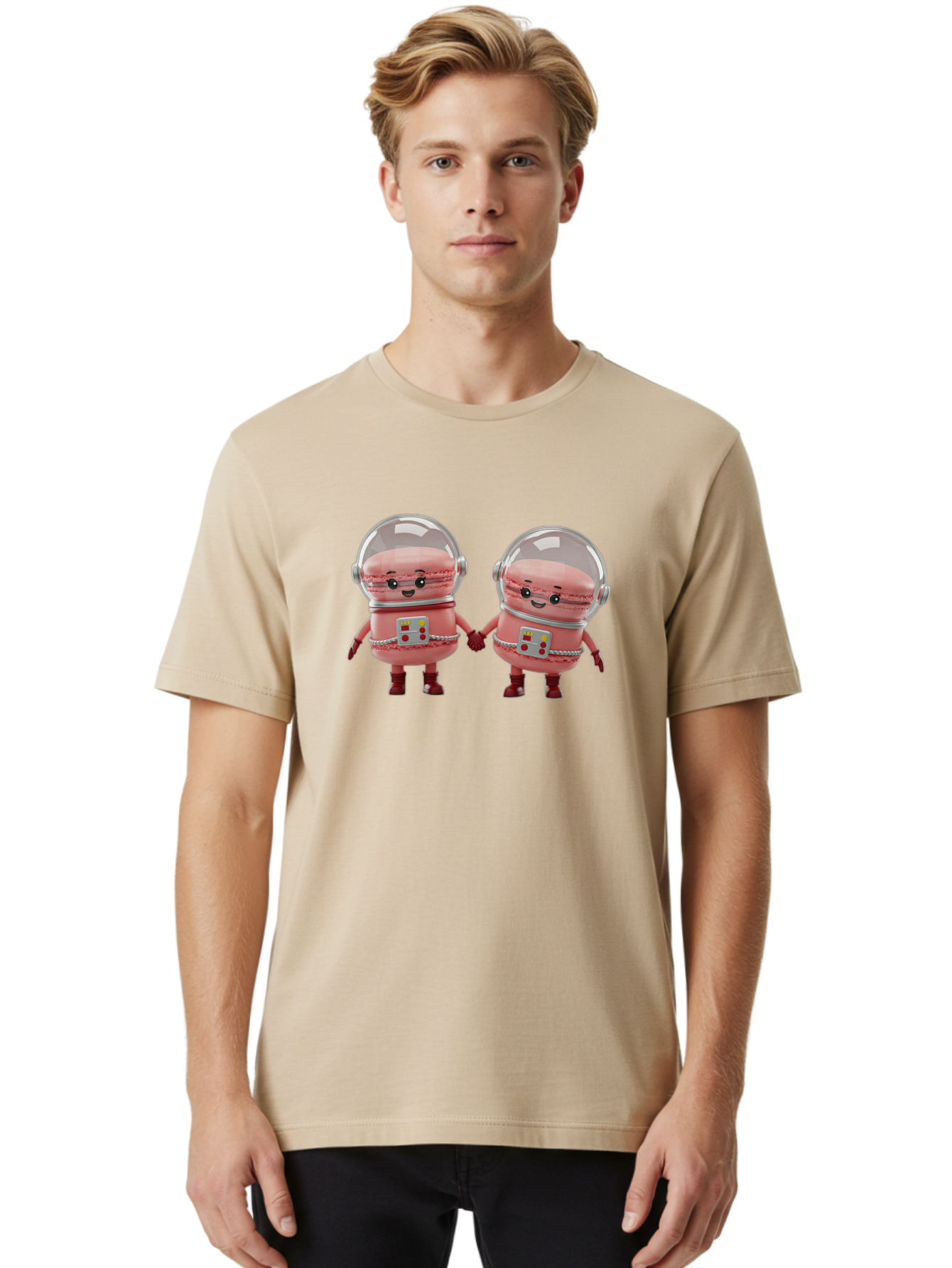 Macarons-In-Space-Helmets Men'S Graphic Tee, 100% Cotton, Comfortable Casual Summer Wear, Machine Washable, Cartoon Macarons, Space Helmets, Anthropomorphic Desserts, Pink Macarons, Space Suits, Holding Hands, Cute Robots, Sweet Treats, Baa958