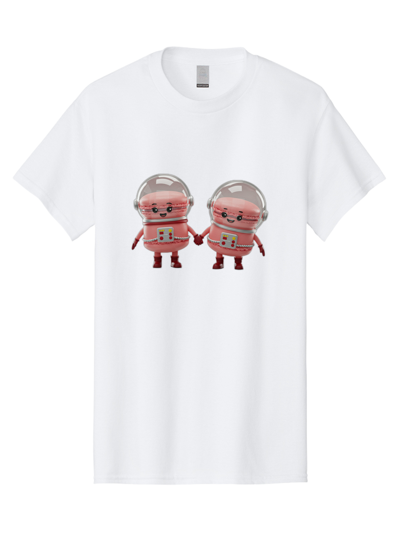 Macarons-In-Space-Helmets Men'S Graphic Tee, 100% Cotton, Comfortable Casual Summer Wear, Machine Washable, Cartoon Macarons, Space Helmets, Anthropomorphic Desserts, Pink Macarons, Space Suits, Holding Hands, Cute Robots, Sweet Treats, Baa958