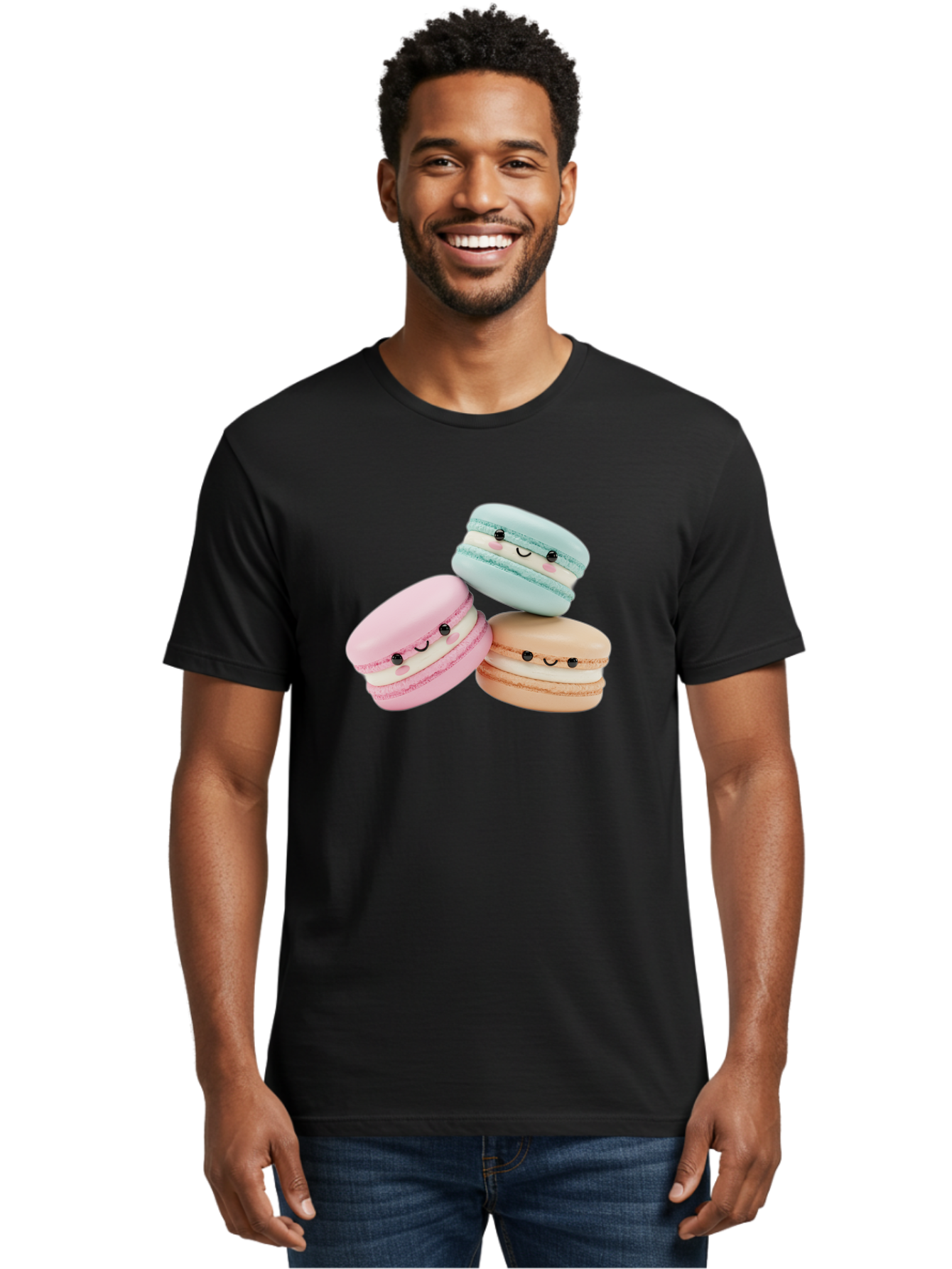 Macarons-With-Faces Men'S Graphic Tee, 100% Cotton, Comfortable Casual Summer Wear, Machine Washable, Pink Macaron, Blue Macaron, Peach Macaron, Cute Desserts, Colorful Treats, Plush Macarons, Sweet Pastries, Adorable Faces, Smiling Macarons, Baa960