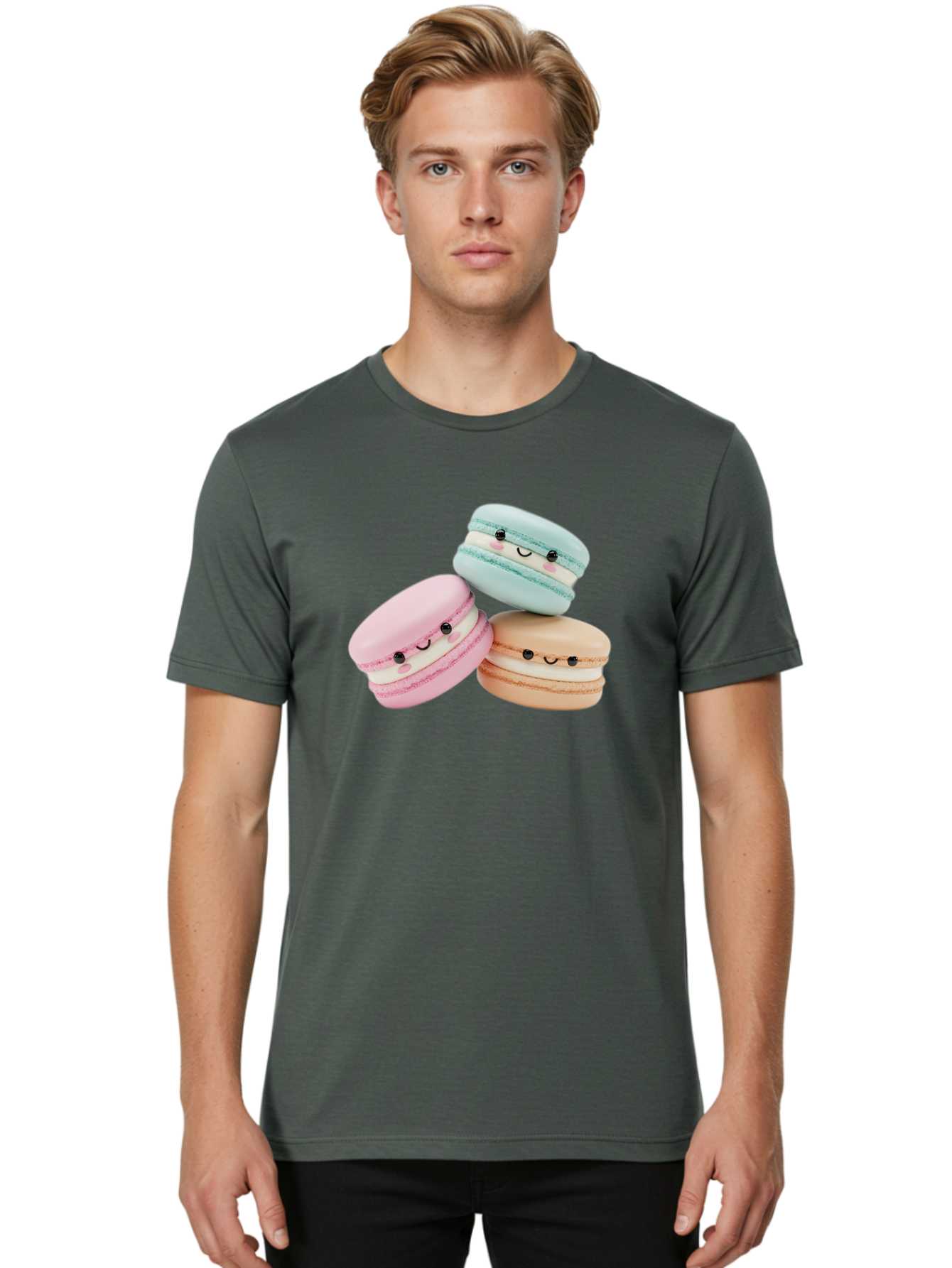 Macarons-With-Faces Men'S Graphic Tee, 100% Cotton, Comfortable Casual Summer Wear, Machine Washable, Pink Macaron, Blue Macaron, Peach Macaron, Cute Desserts, Colorful Treats, Plush Macarons, Sweet Pastries, Adorable Faces, Smiling Macarons, Baa960