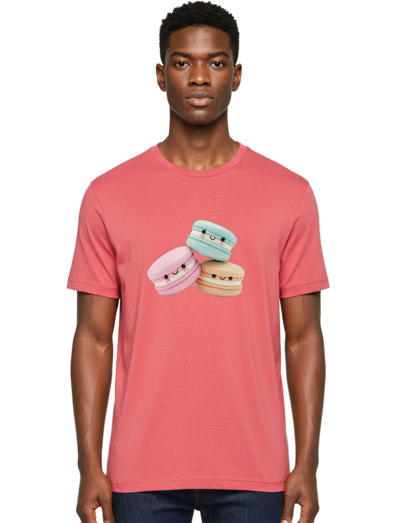 Macarons-With-Faces Men'S Graphic Tee, 100% Cotton, Comfortable Casual Summer Wear, Machine Washable, Pink Macaron, Blue Macaron, Peach Macaron, Cute Desserts, Colorful Treats, Plush Macarons, Sweet Pastries, Adorable Faces, Smiling Macarons, Baa960