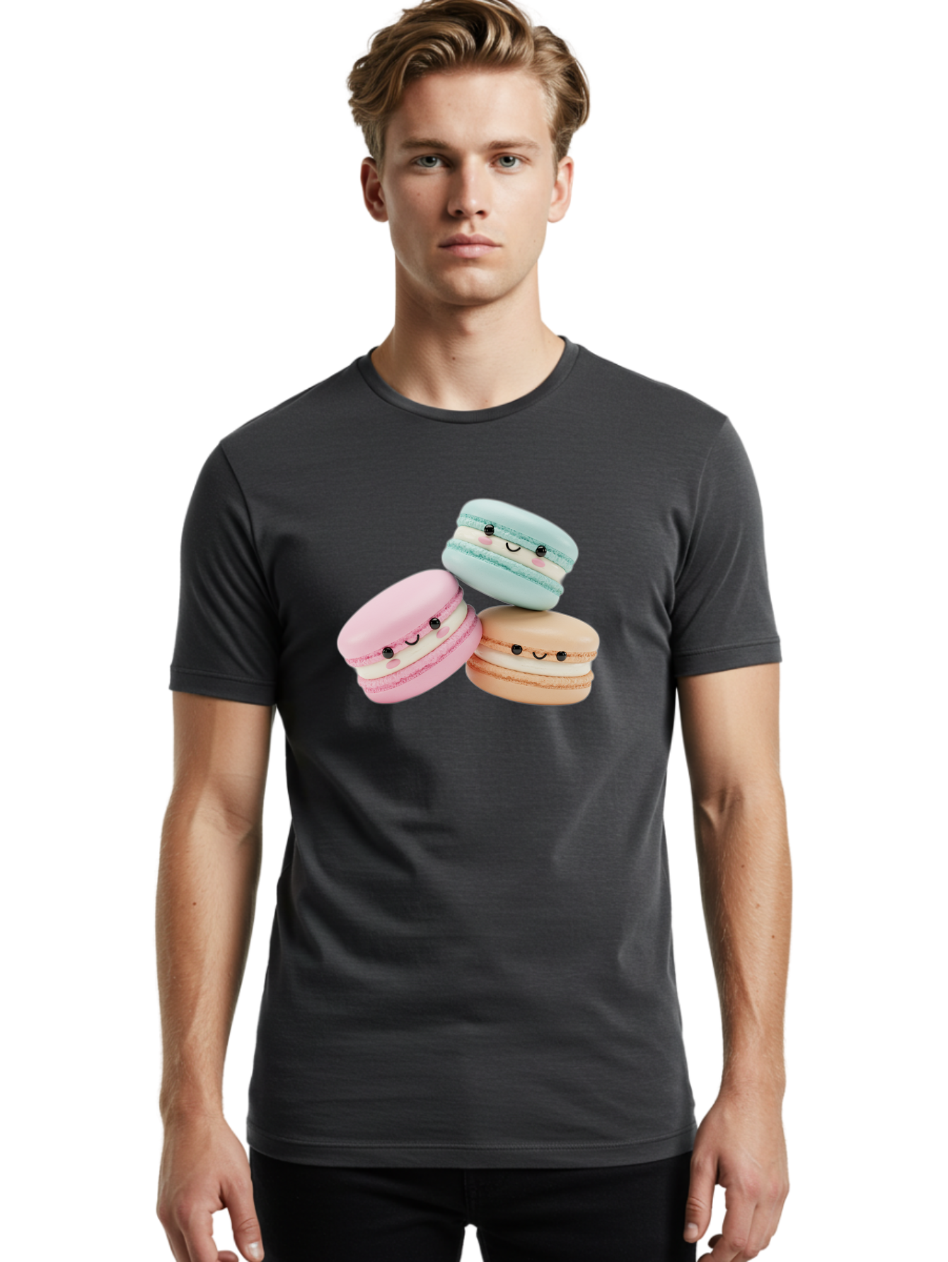Macarons-With-Faces Men'S Graphic Tee, 100% Cotton, Comfortable Casual Summer Wear, Machine Washable, Pink Macaron, Blue Macaron, Peach Macaron, Cute Desserts, Colorful Treats, Plush Macarons, Sweet Pastries, Adorable Faces, Smiling Macarons, Baa960