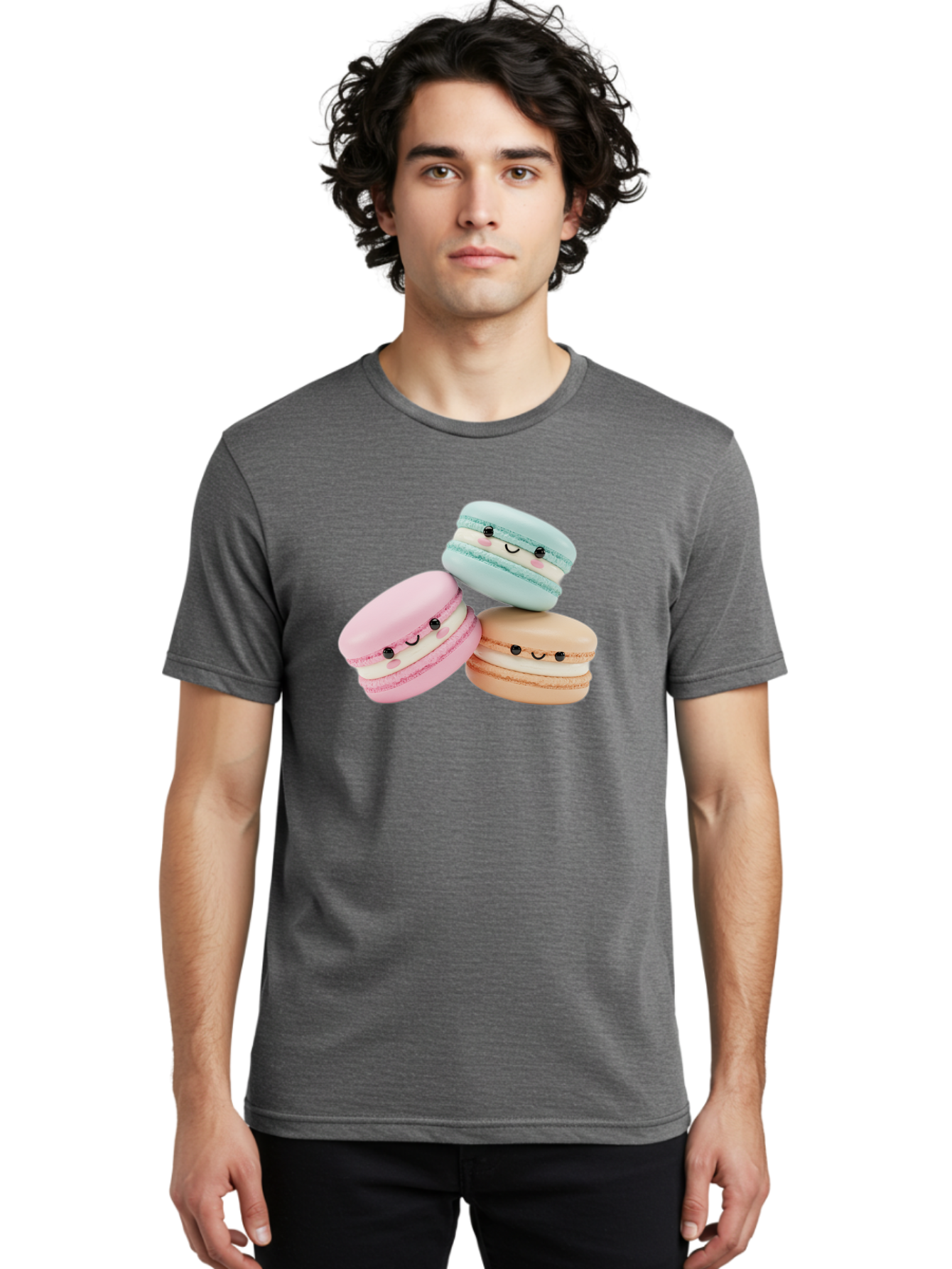 Macarons-With-Faces Men'S Graphic Tee, 100% Cotton, Comfortable Casual Summer Wear, Machine Washable, Pink Macaron, Blue Macaron, Peach Macaron, Cute Desserts, Colorful Treats, Plush Macarons, Sweet Pastries, Adorable Faces, Smiling Macarons, Baa960