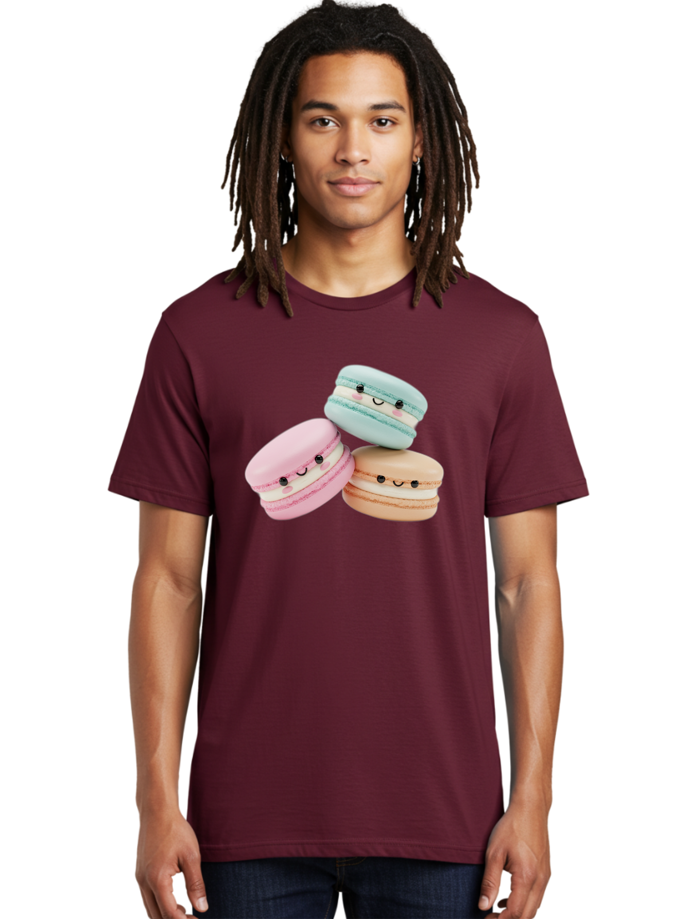 Macarons-With-Faces Men'S Graphic Tee, 100% Cotton, Comfortable Casual Summer Wear, Machine Washable, Pink Macaron, Blue Macaron, Peach Macaron, Cute Desserts, Colorful Treats, Plush Macarons, Sweet Pastries, Adorable Faces, Smiling Macarons, Baa960