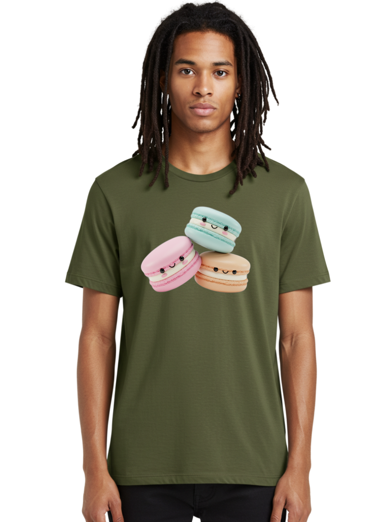 Macarons-With-Faces Men'S Graphic Tee, 100% Cotton, Comfortable Casual Summer Wear, Machine Washable, Pink Macaron, Blue Macaron, Peach Macaron, Cute Desserts, Colorful Treats, Plush Macarons, Sweet Pastries, Adorable Faces, Smiling Macarons, Baa960