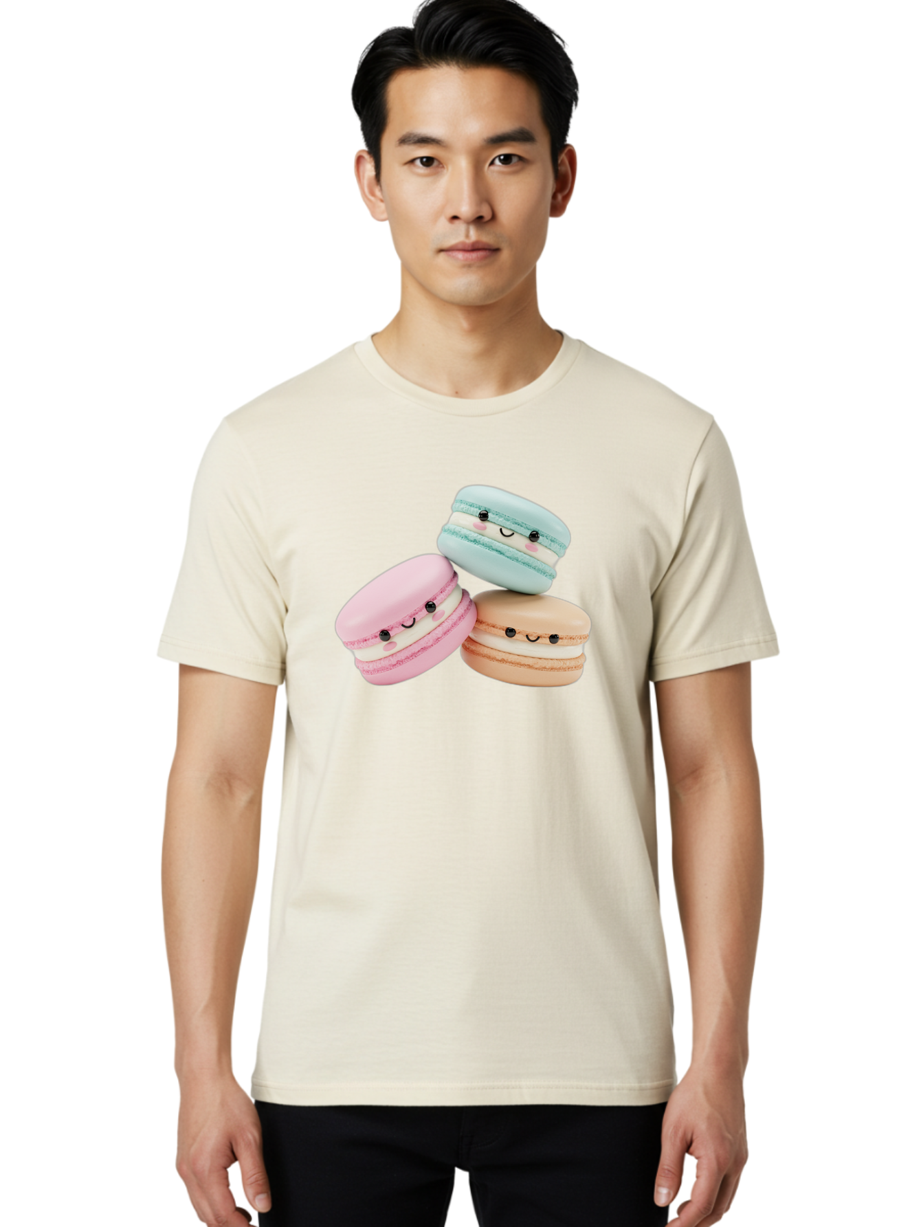 Macarons-With-Faces Men'S Graphic Tee, 100% Cotton, Comfortable Casual Summer Wear, Machine Washable, Pink Macaron, Blue Macaron, Peach Macaron, Cute Desserts, Colorful Treats, Plush Macarons, Sweet Pastries, Adorable Faces, Smiling Macarons, Baa960