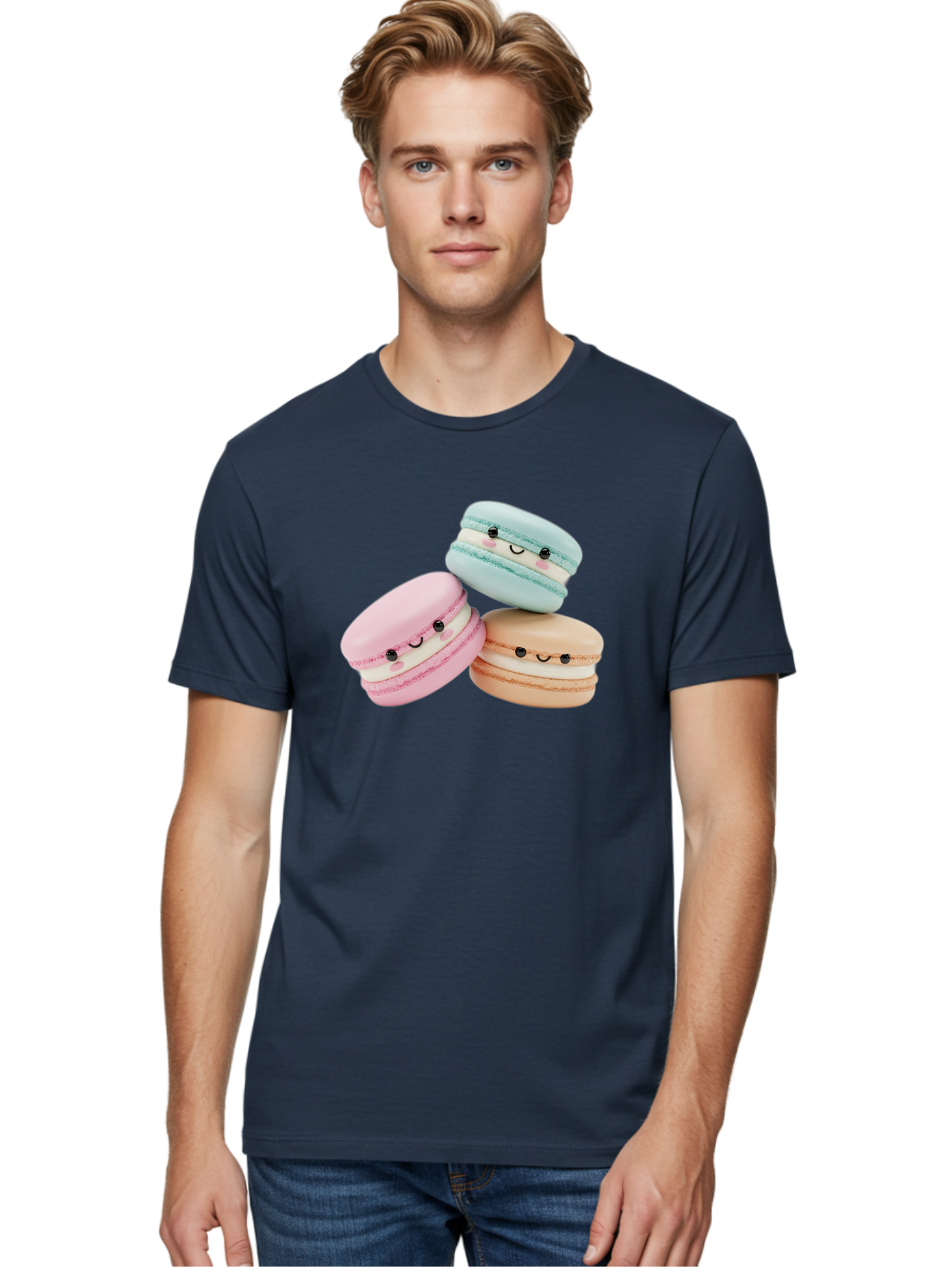 Macarons-With-Faces Men'S Graphic Tee, 100% Cotton, Comfortable Casual Summer Wear, Machine Washable, Pink Macaron, Blue Macaron, Peach Macaron, Cute Desserts, Colorful Treats, Plush Macarons, Sweet Pastries, Adorable Faces, Smiling Macarons, Baa960