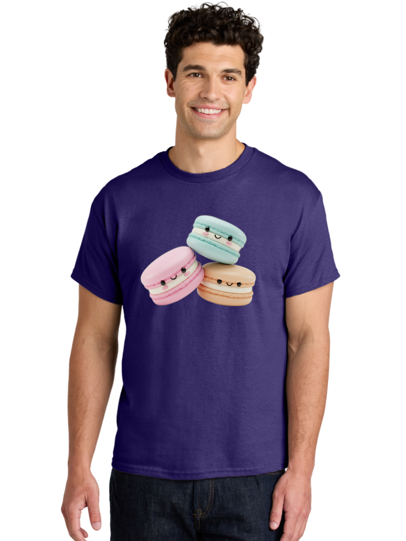 Macarons-With-Faces Men'S Graphic Tee, 100% Cotton, Comfortable Casual Summer Wear, Machine Washable, Pink Macaron, Blue Macaron, Peach Macaron, Cute Desserts, Colorful Treats, Plush Macarons, Sweet Pastries, Adorable Faces, Smiling Macarons, Baa960