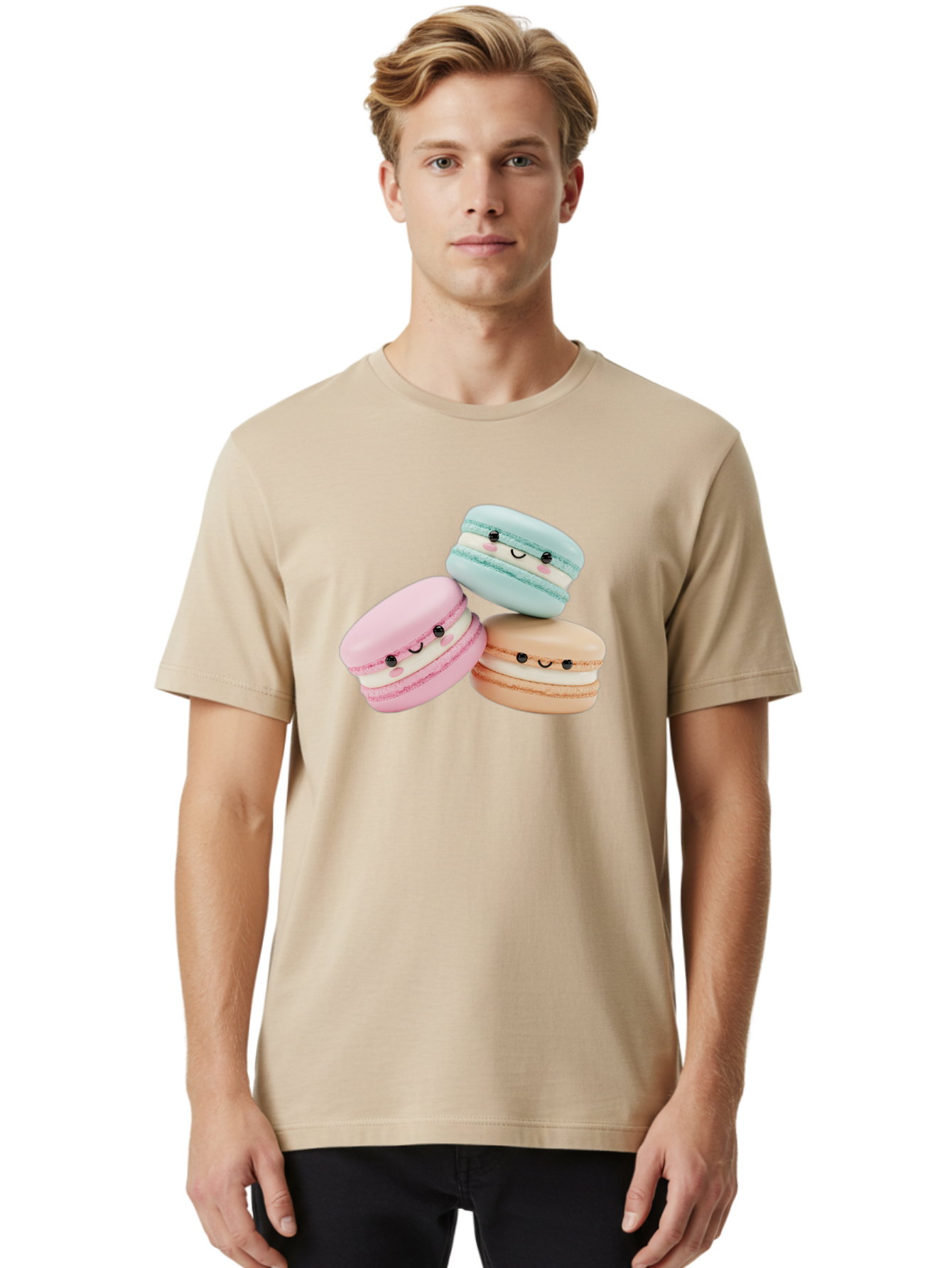 Macarons-With-Faces Men'S Graphic Tee, 100% Cotton, Comfortable Casual Summer Wear, Machine Washable, Pink Macaron, Blue Macaron, Peach Macaron, Cute Desserts, Colorful Treats, Plush Macarons, Sweet Pastries, Adorable Faces, Smiling Macarons, Baa960