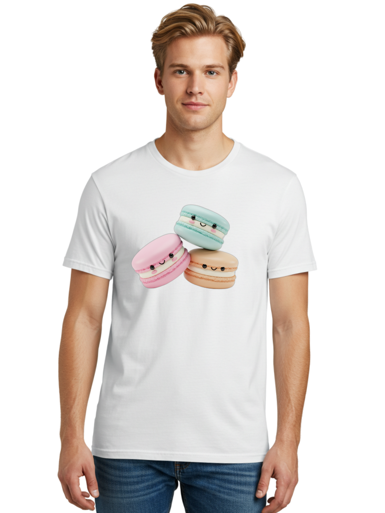 Macarons-With-Faces Men'S Graphic Tee, 100% Cotton, Comfortable Casual Summer Wear, Machine Washable, Pink Macaron, Blue Macaron, Peach Macaron, Cute Desserts, Colorful Treats, Plush Macarons, Sweet Pastries, Adorable Faces, Smiling Macarons, Baa960