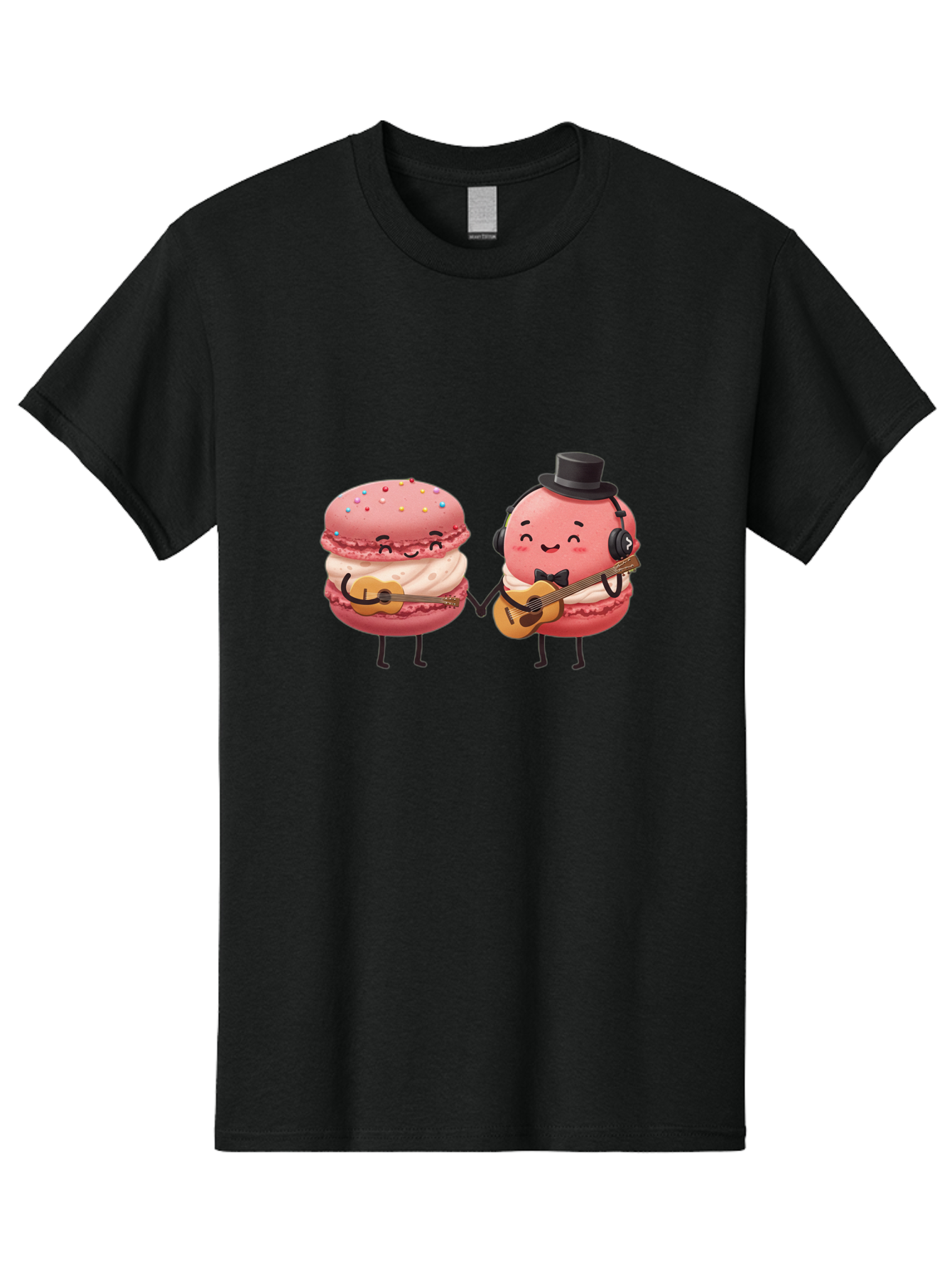 Macarons-With-Instruments Men'S Graphic Tee, 100% Cotton, Comfortable Casual Summer Wear, Machine Washable, Cartoon Macarons, Pink Macarons With Guitars, Cute Desserts, Musical Treats, Whimsical Illustration, Sweet Duo, Colorful Sprinkles, Baa961