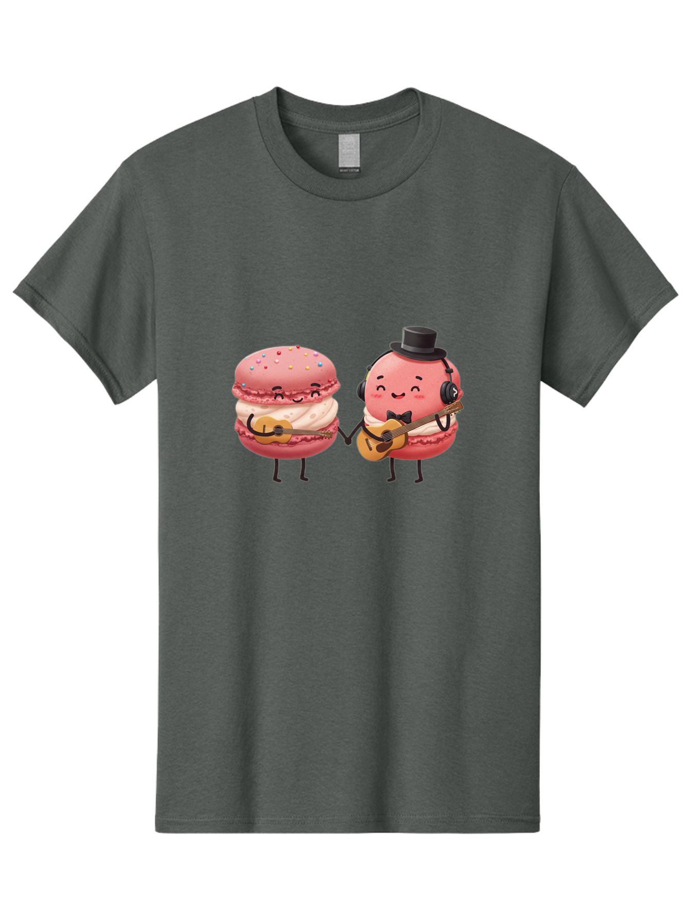 Macarons-With-Instruments Men'S Graphic Tee, 100% Cotton, Comfortable Casual Summer Wear, Machine Washable, Cartoon Macarons, Pink Macarons With Guitars, Cute Desserts, Musical Treats, Whimsical Illustration, Sweet Duo, Colorful Sprinkles, Baa961