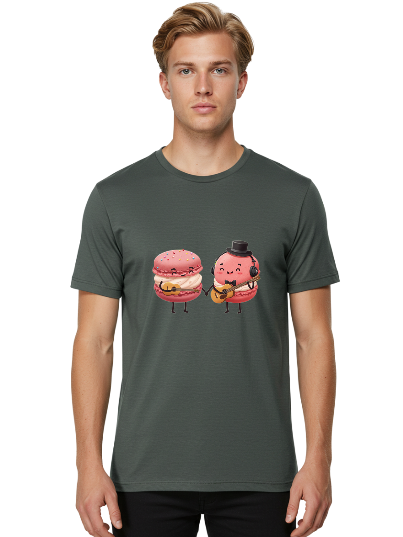 Macarons-With-Instruments Men'S Graphic Tee, 100% Cotton, Comfortable Casual Summer Wear, Machine Washable, Cartoon Macarons, Pink Macarons With Guitars, Cute Desserts, Musical Treats, Whimsical Illustration, Sweet Duo, Colorful Sprinkles, Baa961