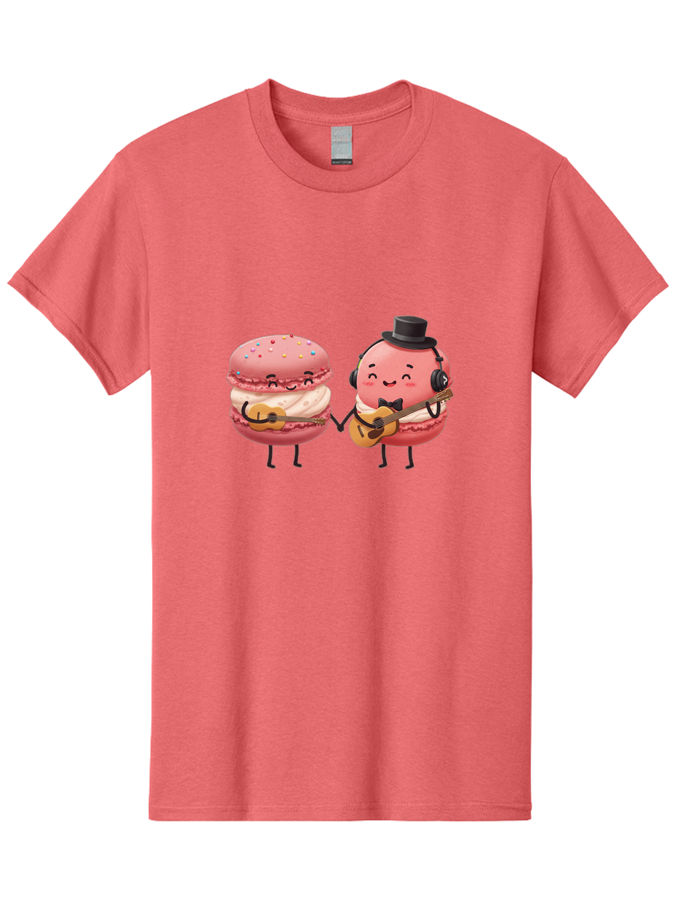 Macarons-With-Instruments Men'S Graphic Tee, 100% Cotton, Comfortable Casual Summer Wear, Machine Washable, Cartoon Macarons, Pink Macarons With Guitars, Cute Desserts, Musical Treats, Whimsical Illustration, Sweet Duo, Colorful Sprinkles, Baa961