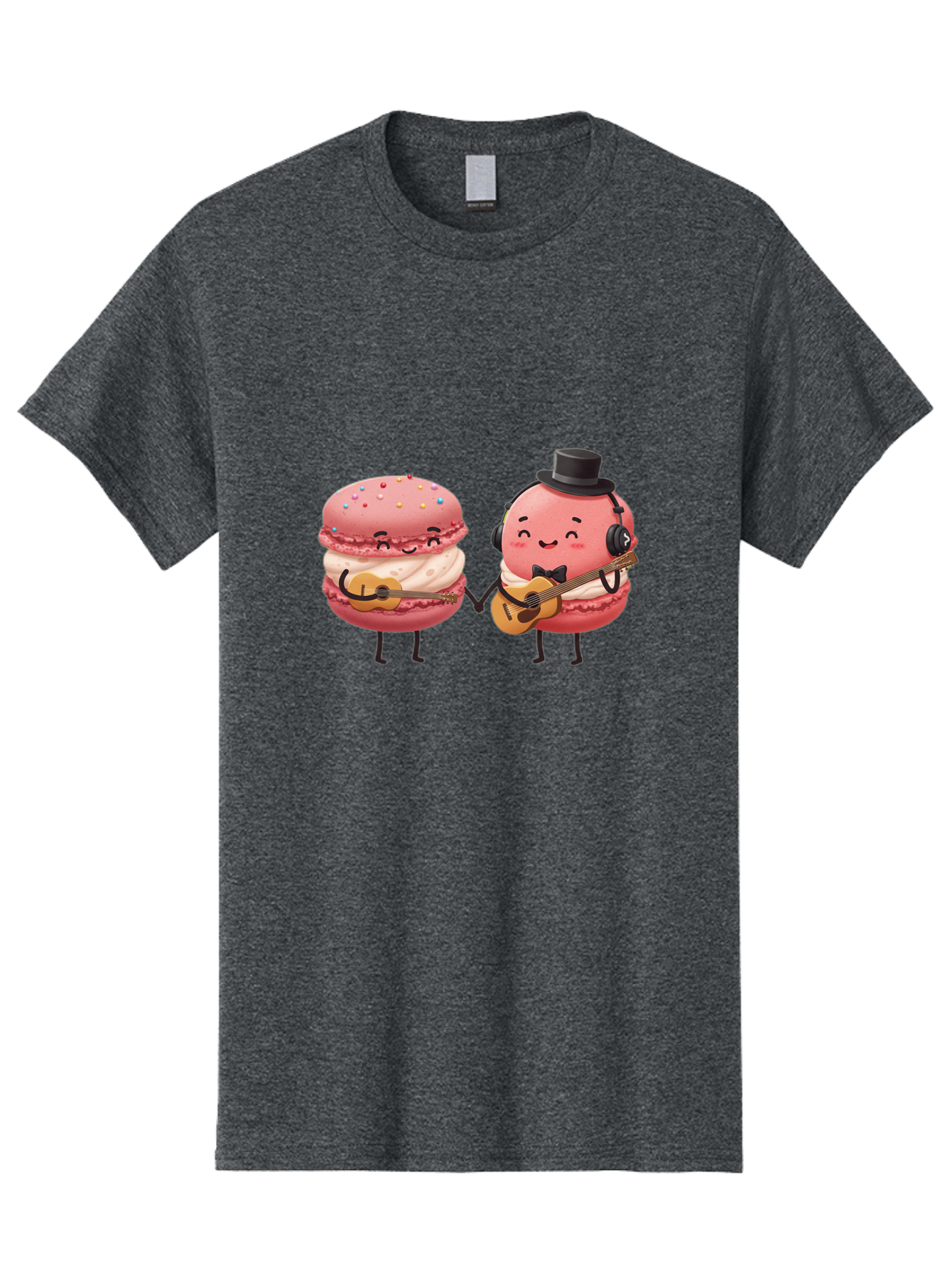 Macarons-With-Instruments Men'S Graphic Tee, 100% Cotton, Comfortable Casual Summer Wear, Machine Washable, Cartoon Macarons, Pink Macarons With Guitars, Cute Desserts, Musical Treats, Whimsical Illustration, Sweet Duo, Colorful Sprinkles, Baa961