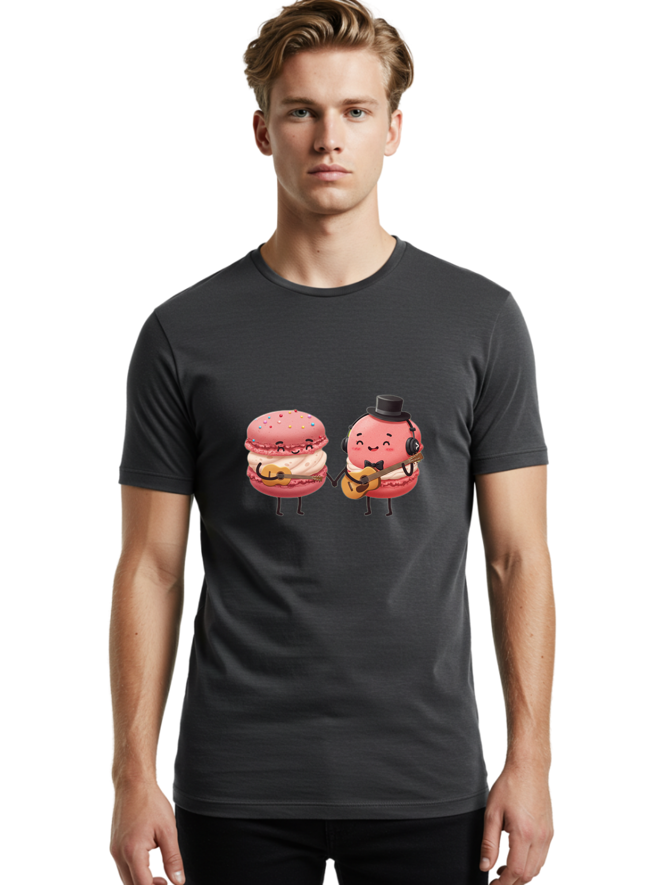 Macarons-With-Instruments Men'S Graphic Tee, 100% Cotton, Comfortable Casual Summer Wear, Machine Washable, Cartoon Macarons, Pink Macarons With Guitars, Cute Desserts, Musical Treats, Whimsical Illustration, Sweet Duo, Colorful Sprinkles, Baa961
