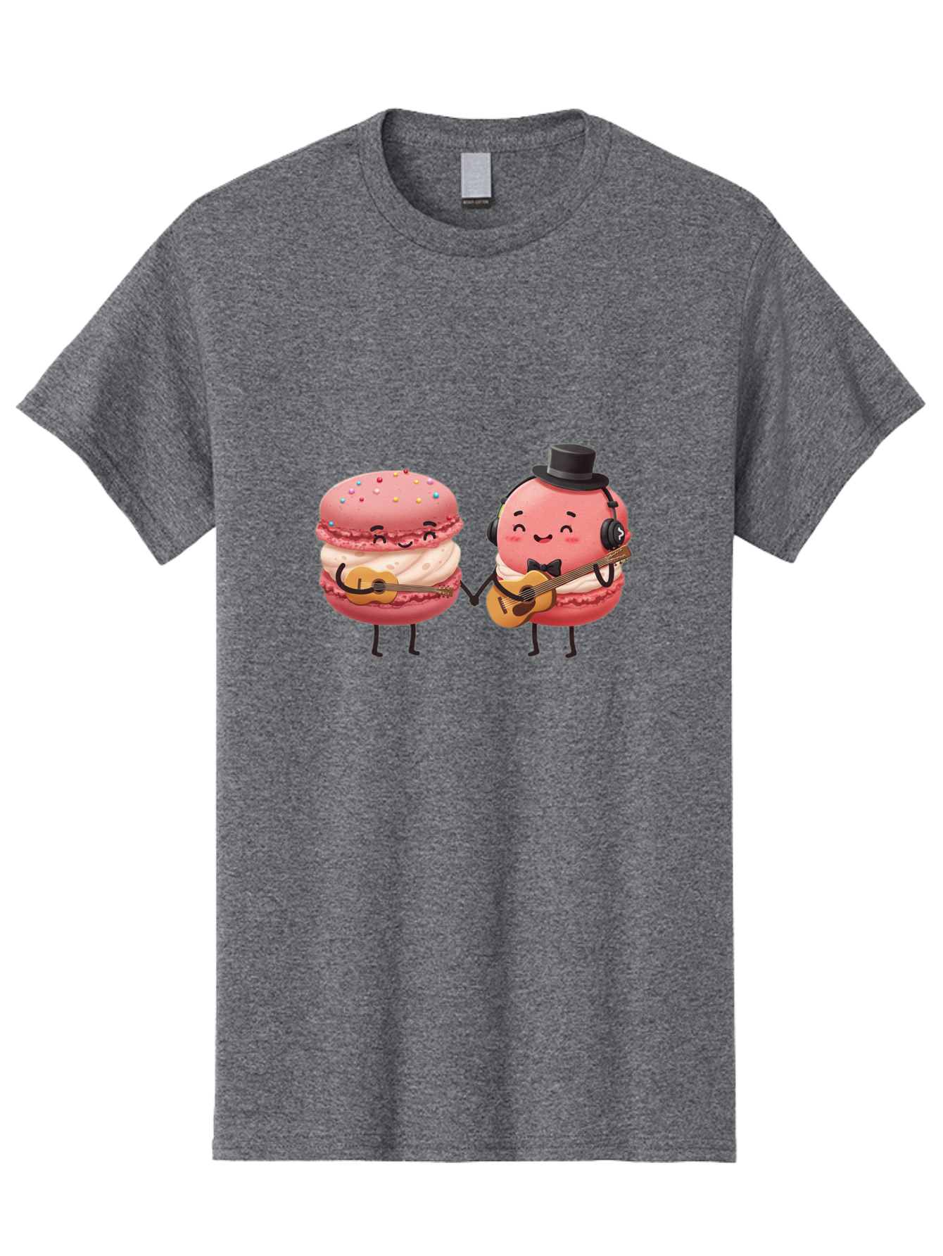 Macarons-With-Instruments Men'S Graphic Tee, 100% Cotton, Comfortable Casual Summer Wear, Machine Washable, Cartoon Macarons, Pink Macarons With Guitars, Cute Desserts, Musical Treats, Whimsical Illustration, Sweet Duo, Colorful Sprinkles, Baa961