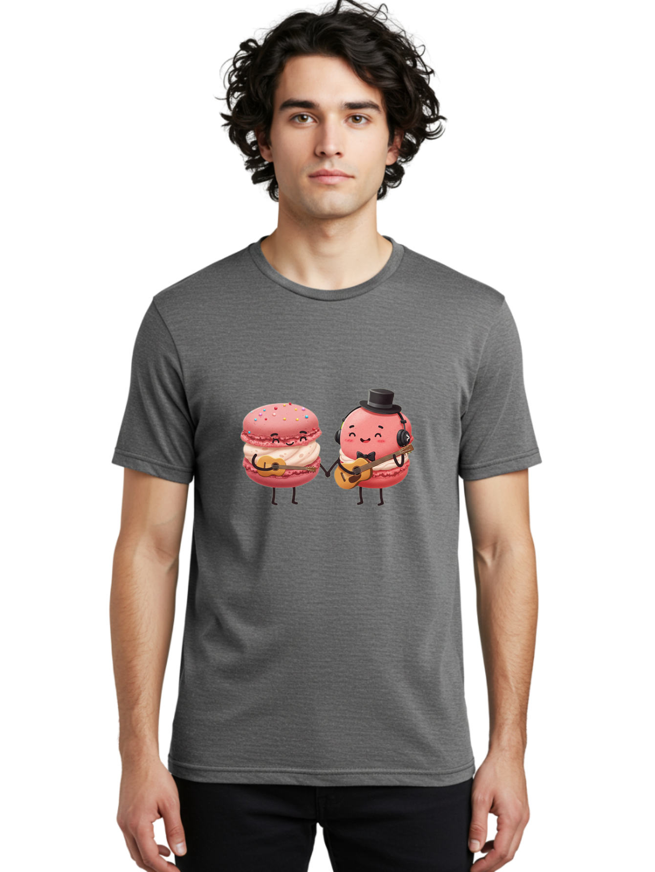 Macarons-With-Instruments Men'S Graphic Tee, 100% Cotton, Comfortable Casual Summer Wear, Machine Washable, Cartoon Macarons, Pink Macarons With Guitars, Cute Desserts, Musical Treats, Whimsical Illustration, Sweet Duo, Colorful Sprinkles, Baa961
