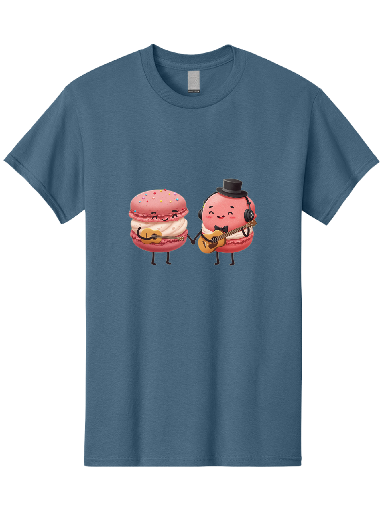 Macarons-With-Instruments Men'S Graphic Tee, 100% Cotton, Comfortable Casual Summer Wear, Machine Washable, Cartoon Macarons, Pink Macarons With Guitars, Cute Desserts, Musical Treats, Whimsical Illustration, Sweet Duo, Colorful Sprinkles, Baa961