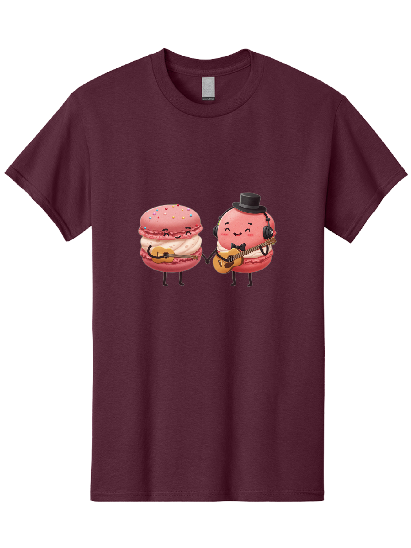 Macarons-With-Instruments Men'S Graphic Tee, 100% Cotton, Comfortable Casual Summer Wear, Machine Washable, Cartoon Macarons, Pink Macarons With Guitars, Cute Desserts, Musical Treats, Whimsical Illustration, Sweet Duo, Colorful Sprinkles, Baa961
