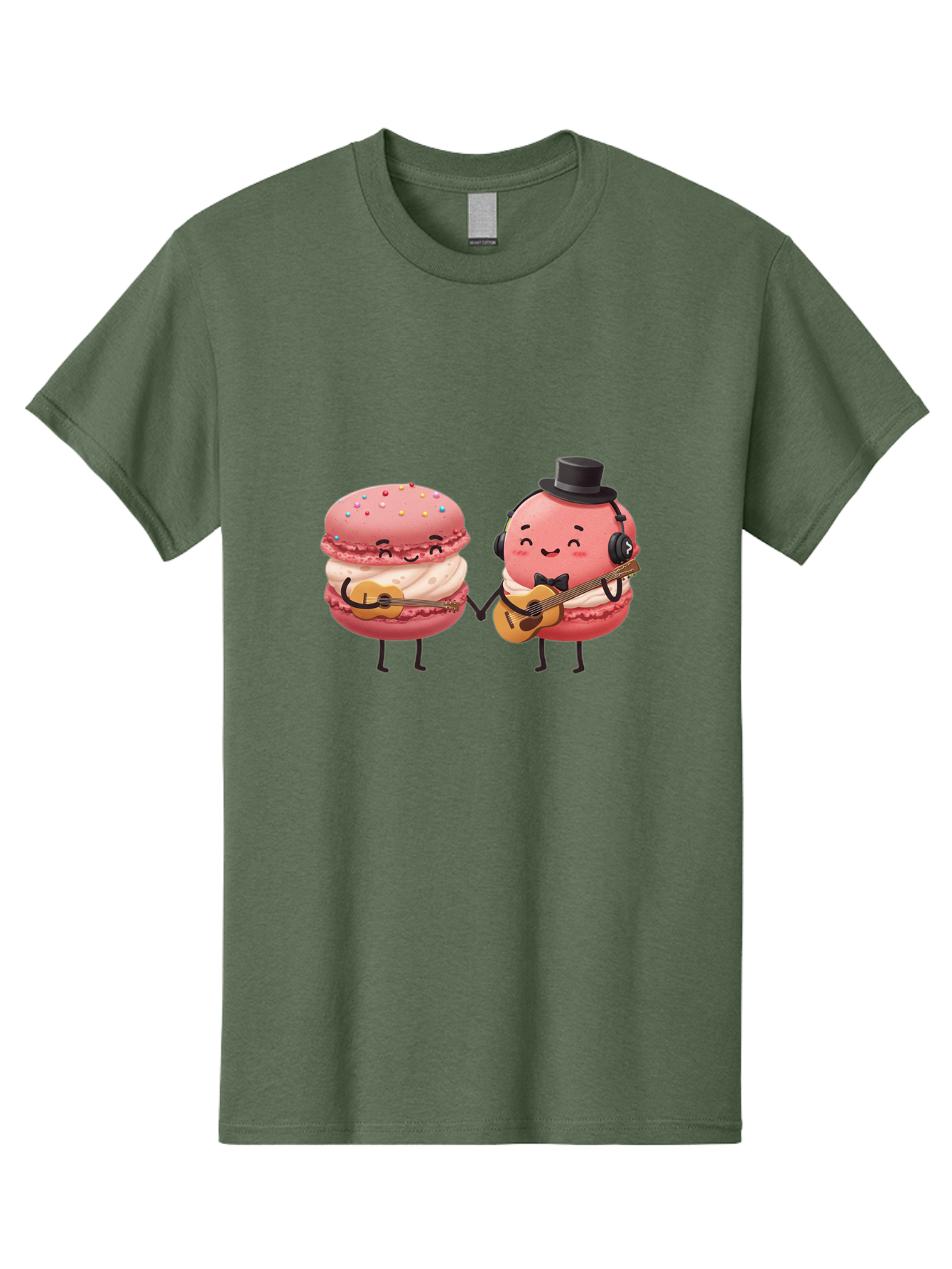 Macarons-With-Instruments Men'S Graphic Tee, 100% Cotton, Comfortable Casual Summer Wear, Machine Washable, Cartoon Macarons, Pink Macarons With Guitars, Cute Desserts, Musical Treats, Whimsical Illustration, Sweet Duo, Colorful Sprinkles, Baa961
