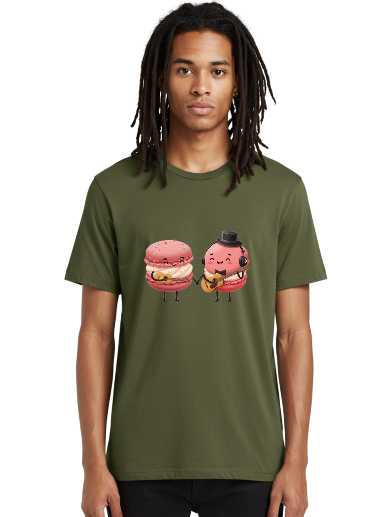 Macarons-With-Instruments Men'S Graphic Tee, 100% Cotton, Comfortable Casual Summer Wear, Machine Washable, Cartoon Macarons, Pink Macarons With Guitars, Cute Desserts, Musical Treats, Whimsical Illustration, Sweet Duo, Colorful Sprinkles, Baa961