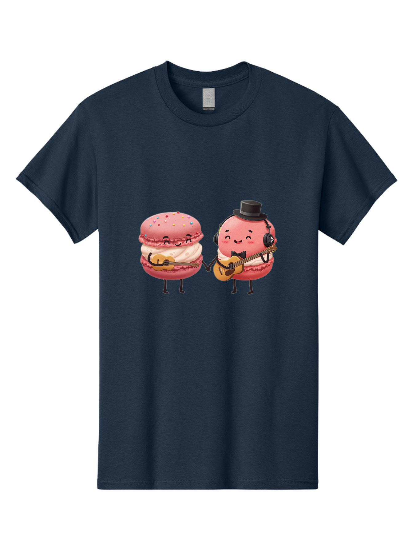 Macarons-With-Instruments Men'S Graphic Tee, 100% Cotton, Comfortable Casual Summer Wear, Machine Washable, Cartoon Macarons, Pink Macarons With Guitars, Cute Desserts, Musical Treats, Whimsical Illustration, Sweet Duo, Colorful Sprinkles, Baa961