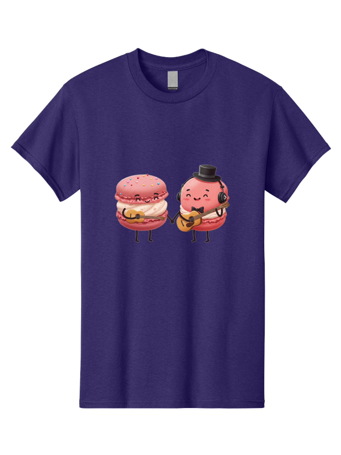 Macarons-With-Instruments Men'S Graphic Tee, 100% Cotton, Comfortable Casual Summer Wear, Machine Washable, Cartoon Macarons, Pink Macarons With Guitars, Cute Desserts, Musical Treats, Whimsical Illustration, Sweet Duo, Colorful Sprinkles, Baa961