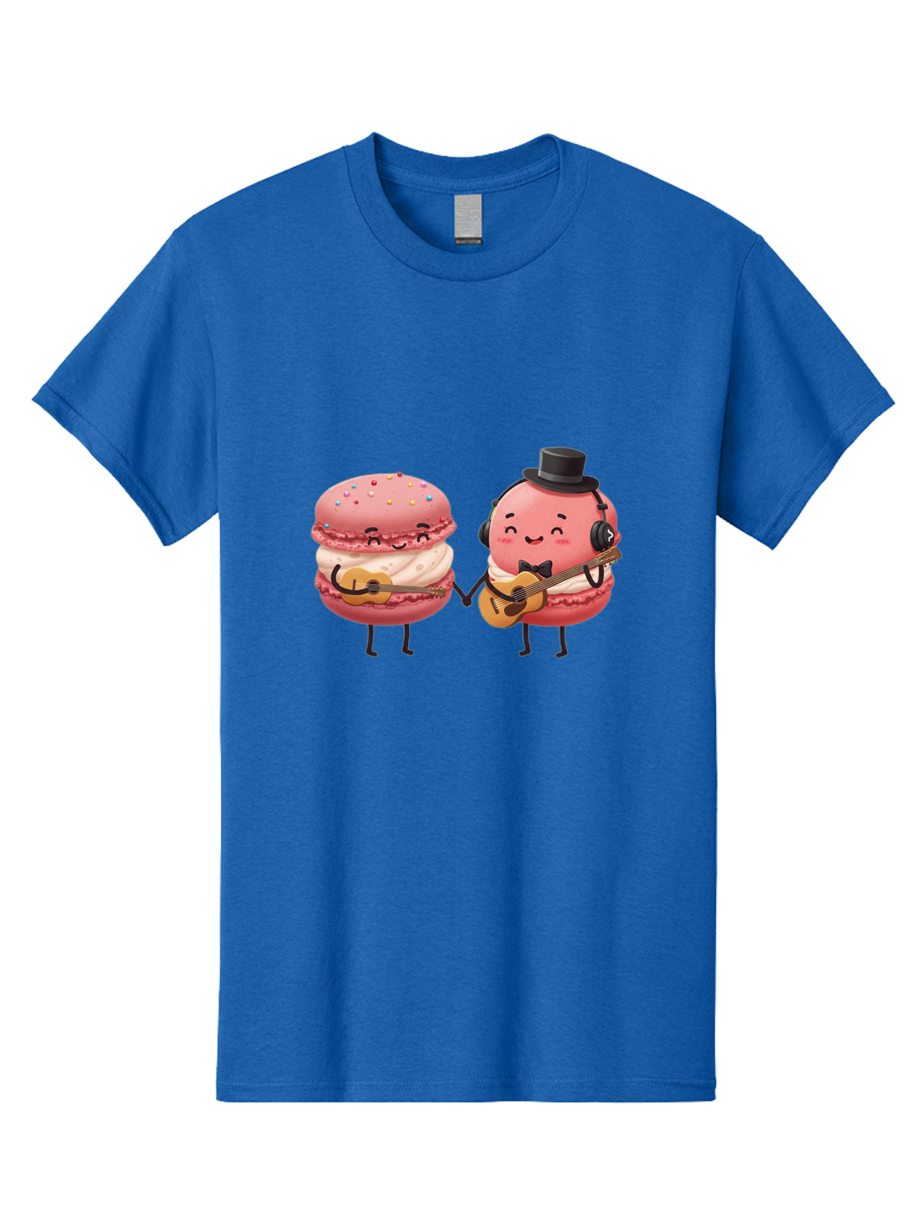 Macarons-With-Instruments Men'S Graphic Tee, 100% Cotton, Comfortable Casual Summer Wear, Machine Washable, Cartoon Macarons, Pink Macarons With Guitars, Cute Desserts, Musical Treats, Whimsical Illustration, Sweet Duo, Colorful Sprinkles, Baa961
