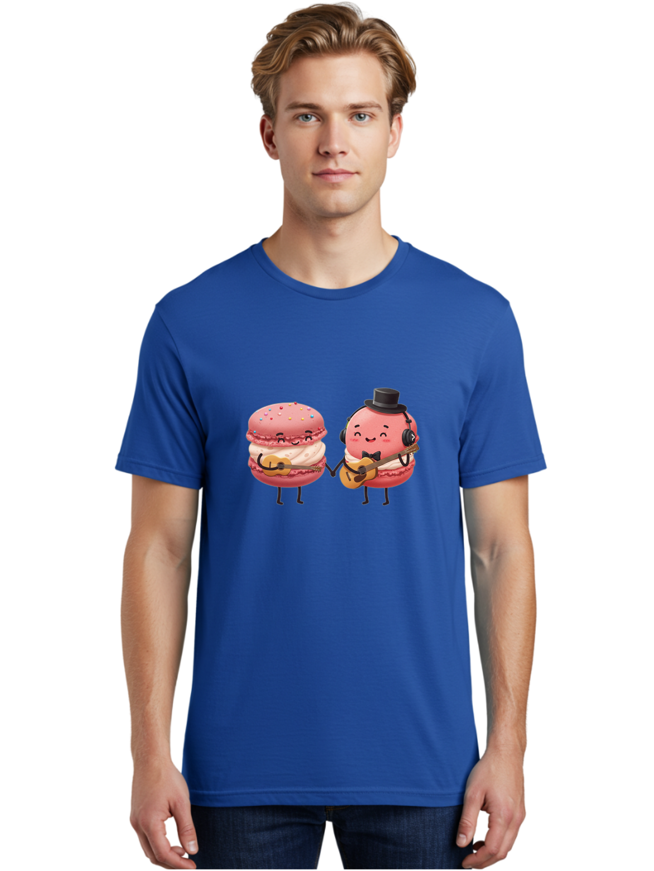 Macarons-With-Instruments Men'S Graphic Tee, 100% Cotton, Comfortable Casual Summer Wear, Machine Washable, Cartoon Macarons, Pink Macarons With Guitars, Cute Desserts, Musical Treats, Whimsical Illustration, Sweet Duo, Colorful Sprinkles, Baa961