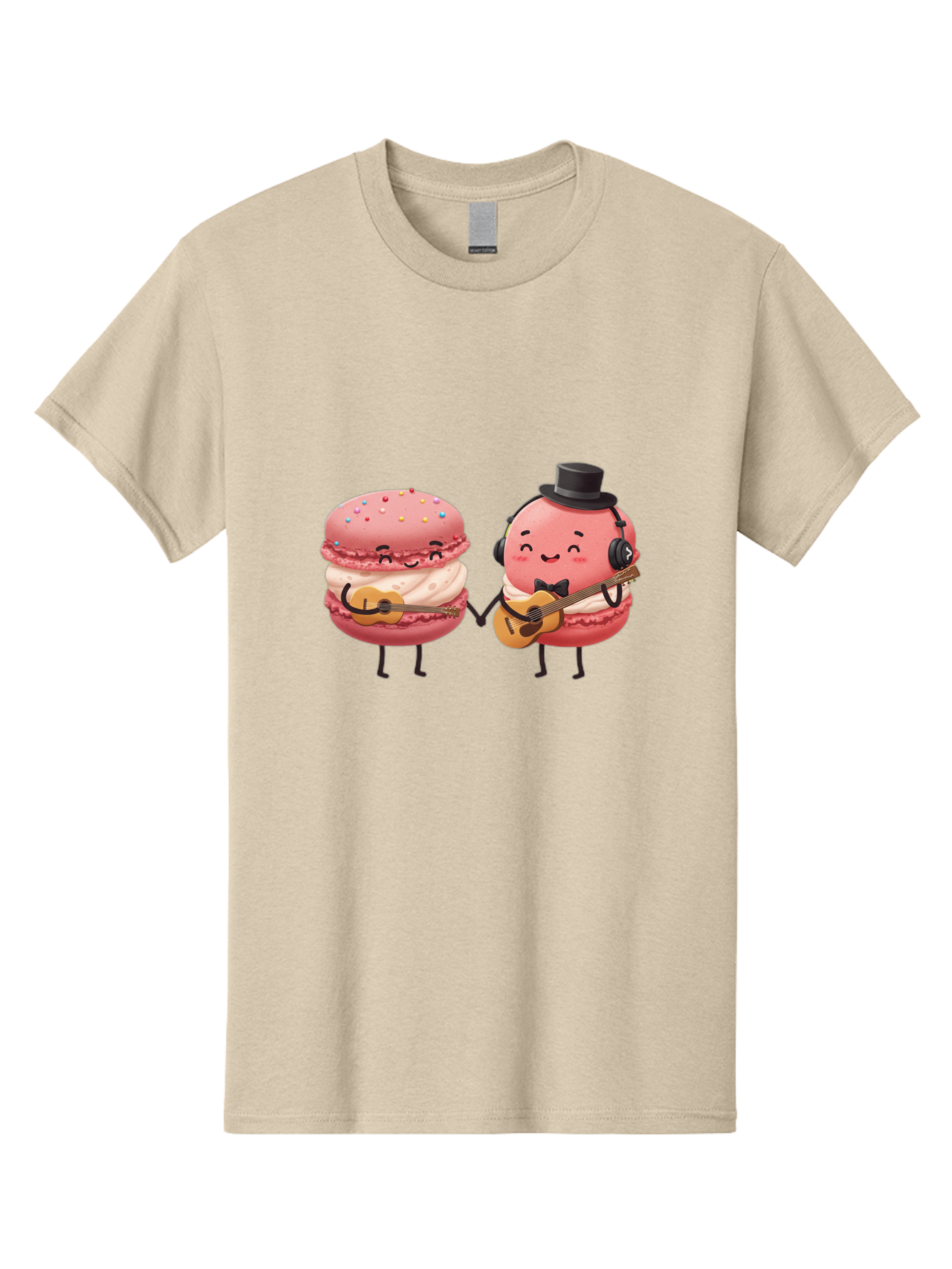 Macarons-With-Instruments Men'S Graphic Tee, 100% Cotton, Comfortable Casual Summer Wear, Machine Washable, Cartoon Macarons, Pink Macarons With Guitars, Cute Desserts, Musical Treats, Whimsical Illustration, Sweet Duo, Colorful Sprinkles, Baa961