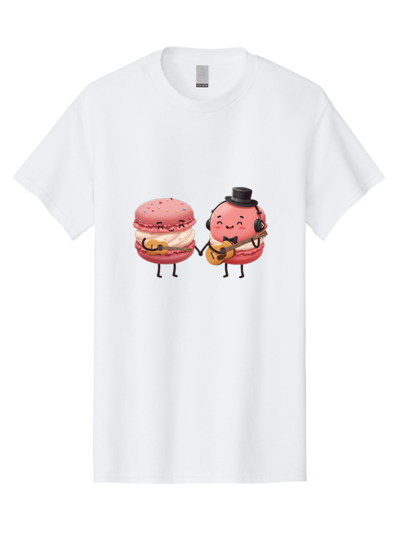 Macarons-With-Instruments Men'S Graphic Tee, 100% Cotton, Comfortable Casual Summer Wear, Machine Washable, Cartoon Macarons, Pink Macarons With Guitars, Cute Desserts, Musical Treats, Whimsical Illustration, Sweet Duo, Colorful Sprinkles, Baa961