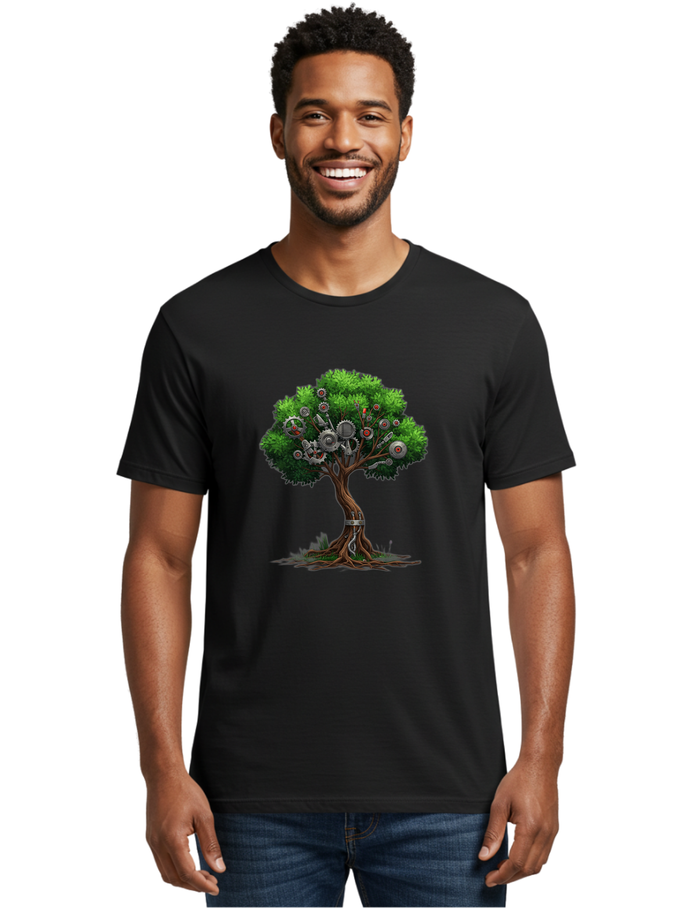 Machine-Tree Men'S Graphic Tee, 100% Cotton, Comfortable Casual Summer Wear, Machine Washable, Tree With Mechanical Parts, Gears And Machinery, Futuristic Design, Industrial Elements, Natural Meets Technology, Eco-Friendly Innovation, Baa963