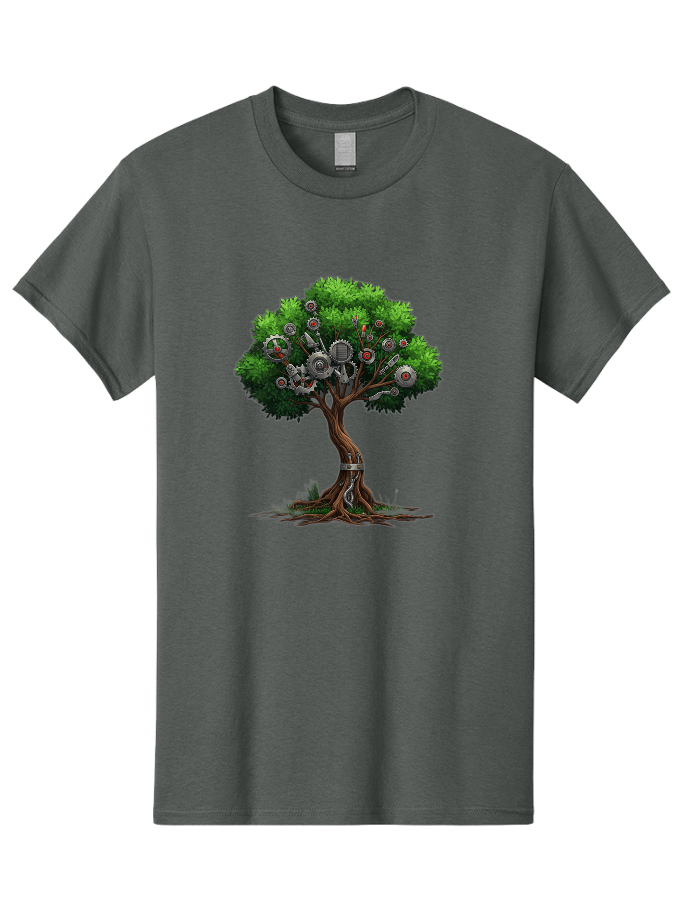Machine-Tree Men'S Graphic Tee, 100% Cotton, Comfortable Casual Summer Wear, Machine Washable, Tree With Mechanical Parts, Gears And Machinery, Futuristic Design, Industrial Elements, Natural Meets Technology, Eco-Friendly Innovation, Baa963