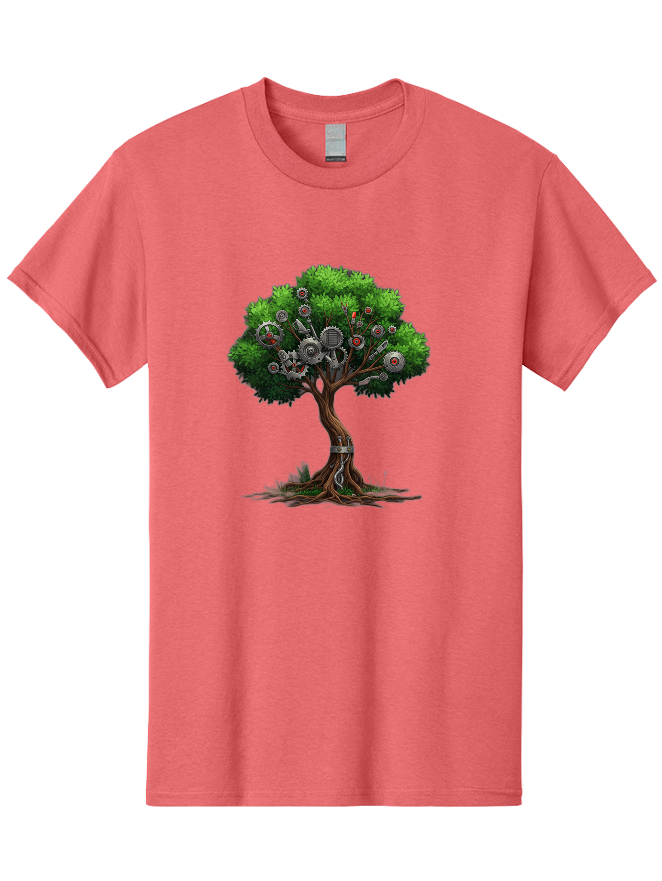 Machine-Tree Men'S Graphic Tee, 100% Cotton, Comfortable Casual Summer Wear, Machine Washable, Tree With Mechanical Parts, Gears And Machinery, Futuristic Design, Industrial Elements, Natural Meets Technology, Eco-Friendly Innovation, Baa963