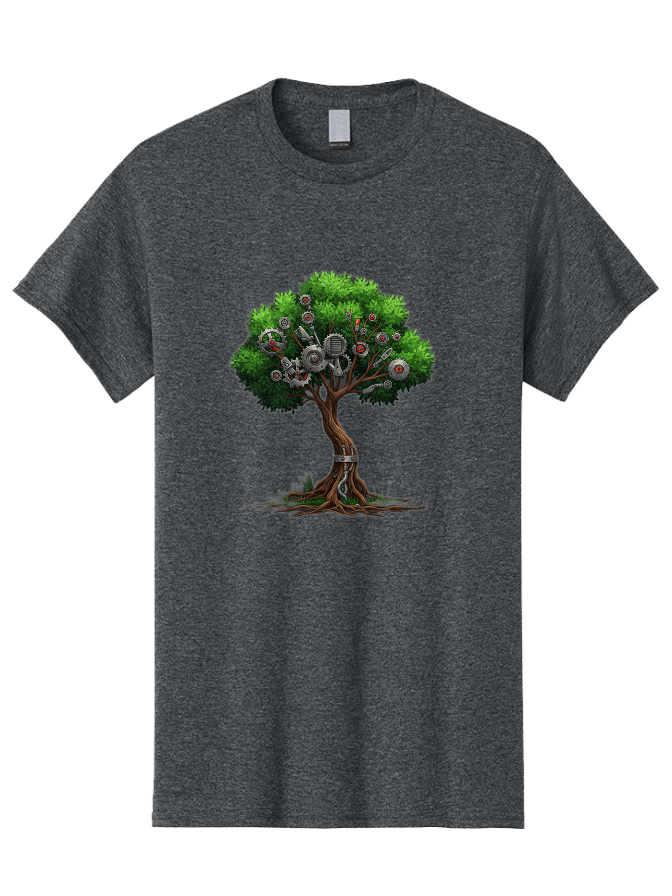 Machine-Tree Men'S Graphic Tee, 100% Cotton, Comfortable Casual Summer Wear, Machine Washable, Tree With Mechanical Parts, Gears And Machinery, Futuristic Design, Industrial Elements, Natural Meets Technology, Eco-Friendly Innovation, Baa963