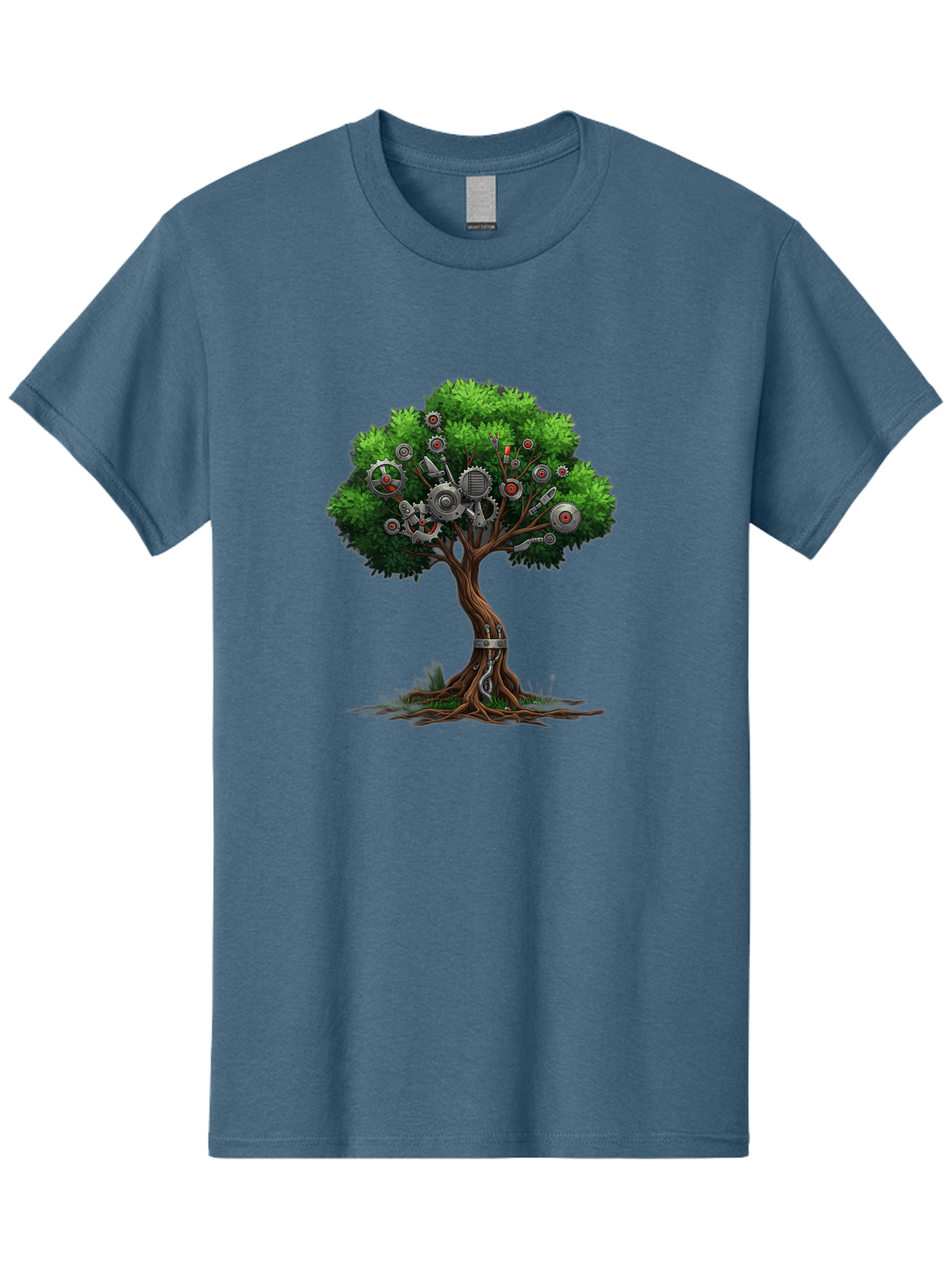 Machine-Tree Men'S Graphic Tee, 100% Cotton, Comfortable Casual Summer Wear, Machine Washable, Tree With Mechanical Parts, Gears And Machinery, Futuristic Design, Industrial Elements, Natural Meets Technology, Eco-Friendly Innovation, Baa963