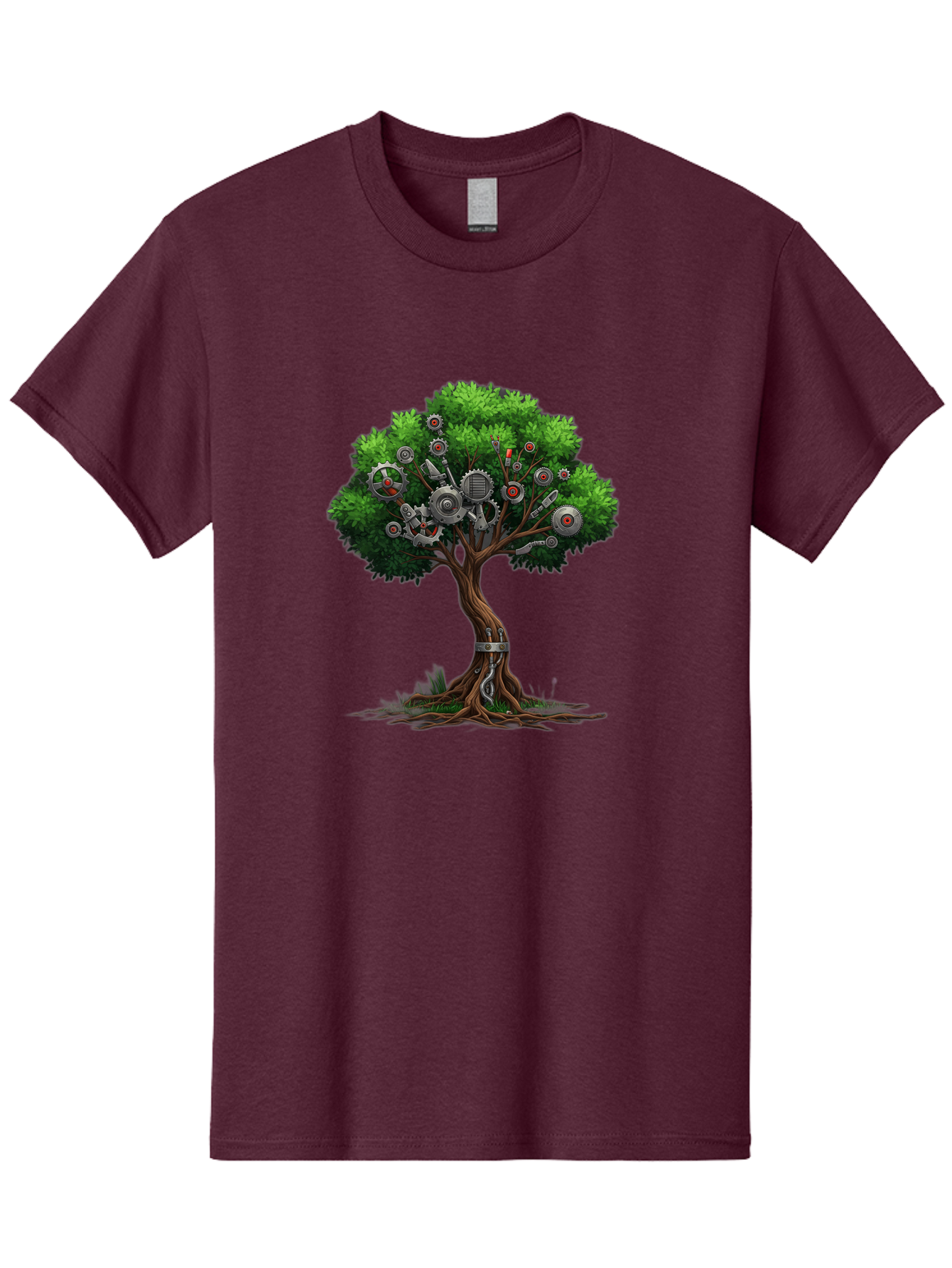 Machine-Tree Men'S Graphic Tee, 100% Cotton, Comfortable Casual Summer Wear, Machine Washable, Tree With Mechanical Parts, Gears And Machinery, Futuristic Design, Industrial Elements, Natural Meets Technology, Eco-Friendly Innovation, Baa963