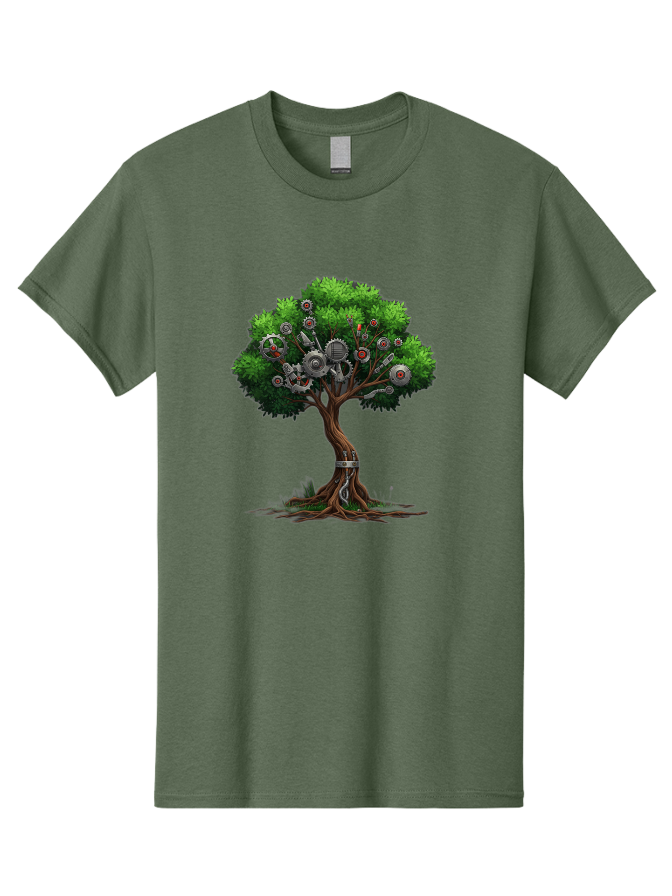 Machine-Tree Men'S Graphic Tee, 100% Cotton, Comfortable Casual Summer Wear, Machine Washable, Tree With Mechanical Parts, Gears And Machinery, Futuristic Design, Industrial Elements, Natural Meets Technology, Eco-Friendly Innovation, Baa963